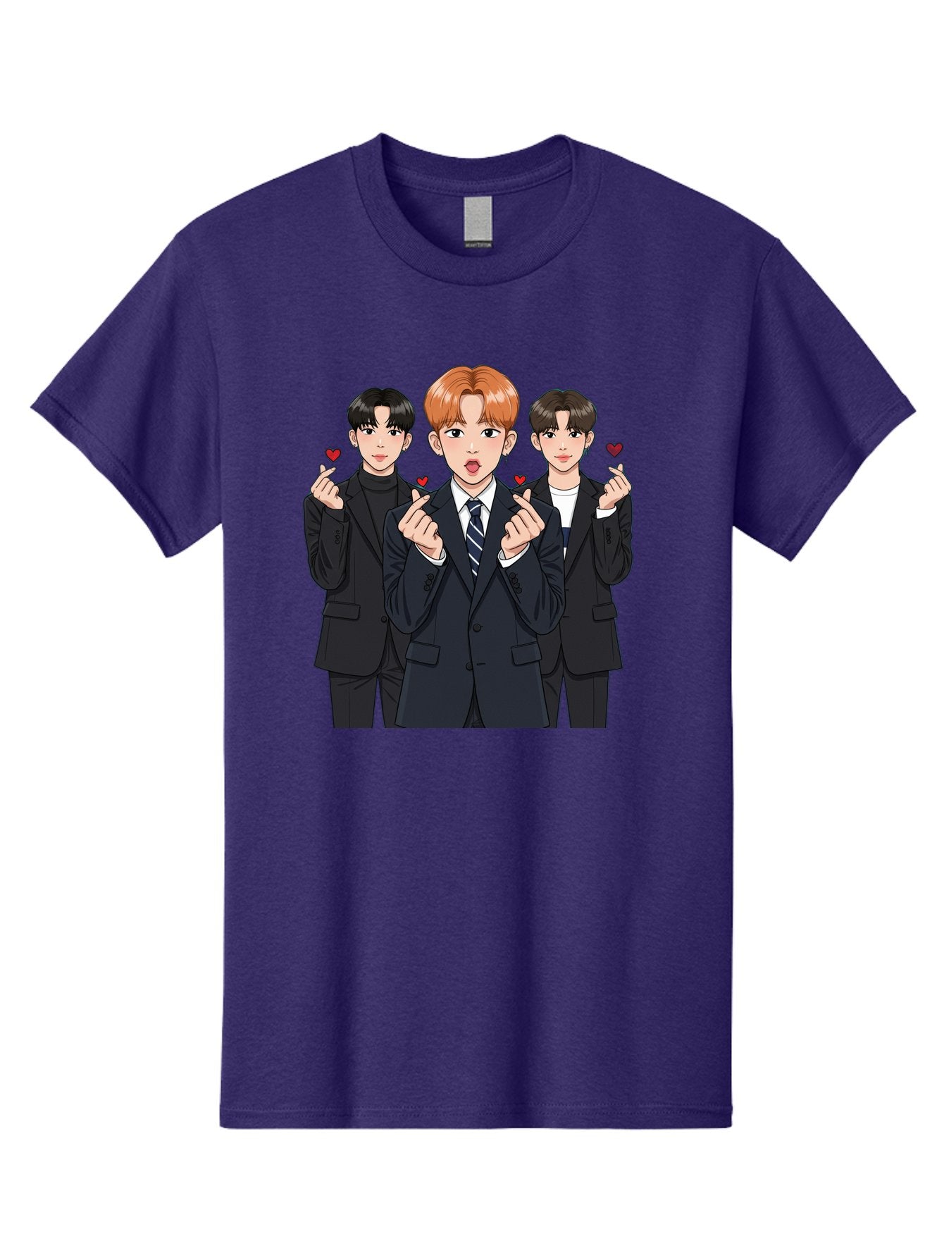 Three-Men-In-Suits-With-Hearts Men'S Graphic Tee, 100% Cotton, Comfortable Casual Summer Wear, Machine Washable, Young Men In Suits, Kpop Idols, Cartoon Style, Heart Gestures, Fashionable Clothing, Modern Boys, Stylish Outfits, Group Portrait, Bac518