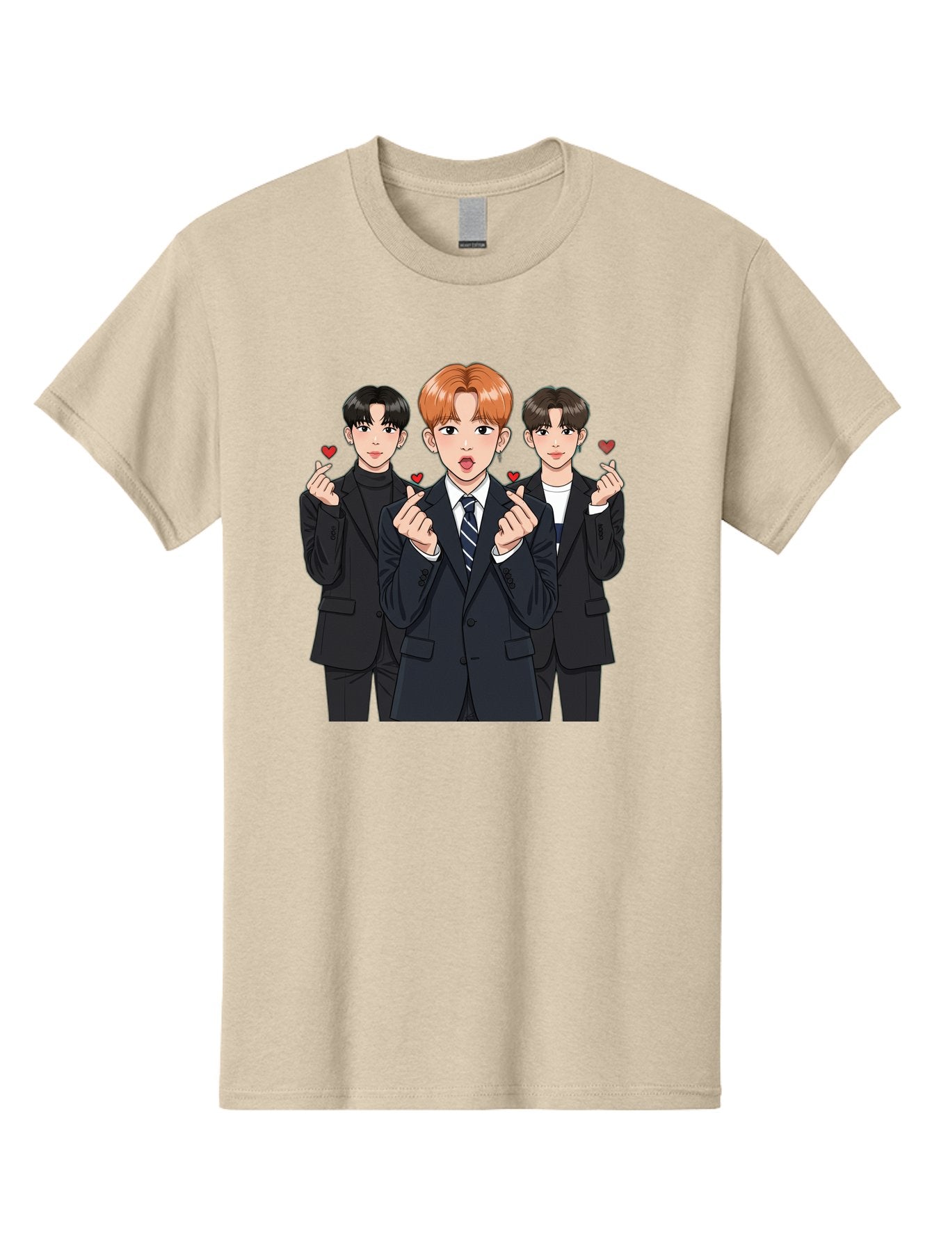 Three-Men-In-Suits-With-Hearts Men'S Graphic Tee, 100% Cotton, Comfortable Casual Summer Wear, Machine Washable, Young Men In Suits, Kpop Idols, Cartoon Style, Heart Gestures, Fashionable Clothing, Modern Boys, Stylish Outfits, Group Portrait, Bac518 15
