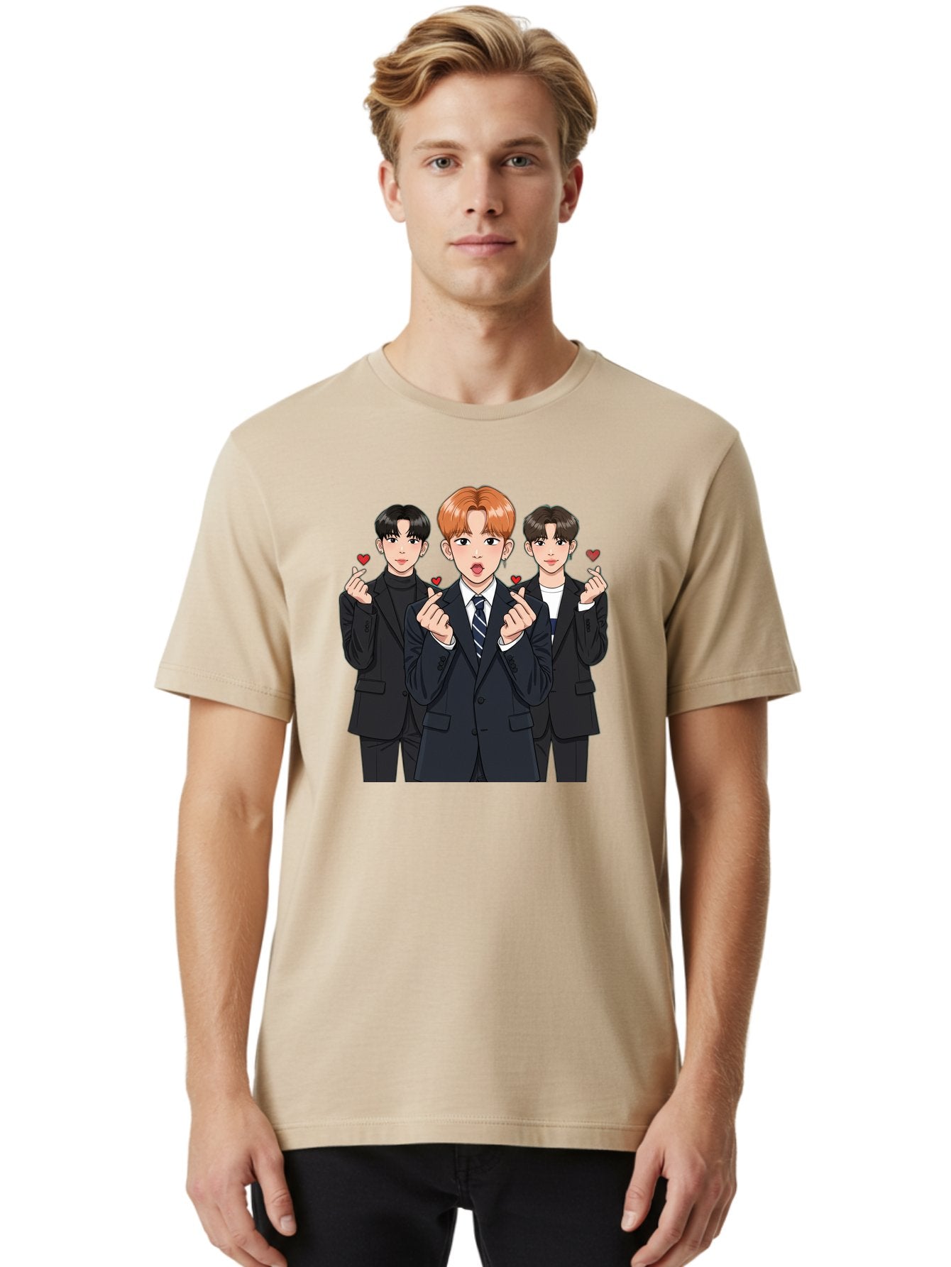 Three-Men-In-Suits-With-Hearts Men'S Graphic Tee, 100% Cotton, Comfortable Casual Summer Wear, Machine Washable, Young Men In Suits, Kpop Idols, Cartoon Style, Heart Gestures, Fashionable Clothing, Modern Boys, Stylish Outfits, Group Portrait, Bac518 30