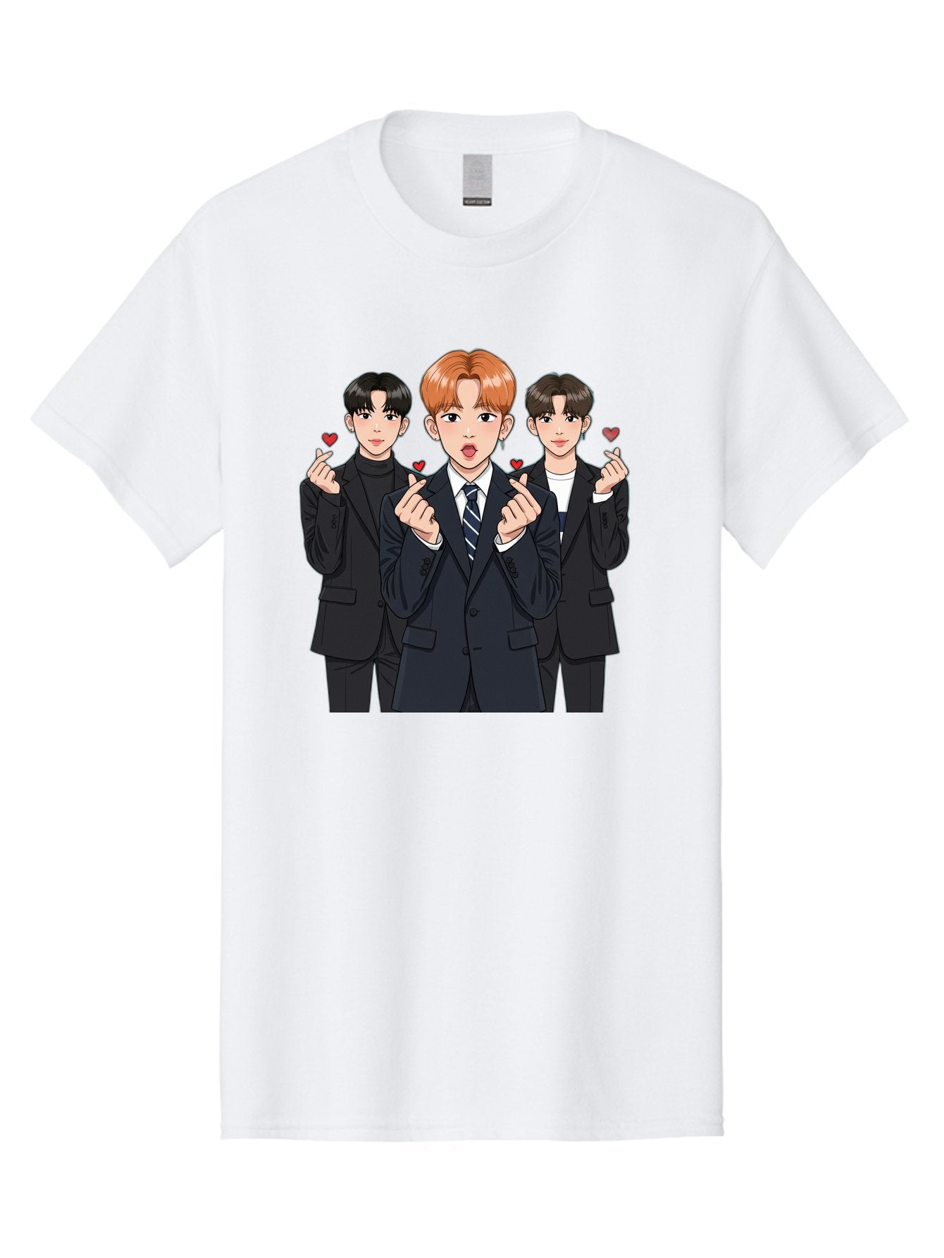 Three-Men-In-Suits-With-Hearts Men'S Graphic Tee, 100% Cotton, Comfortable Casual Summer Wear, Machine Washable, Young Men In Suits, Kpop Idols, Cartoon Style, Heart Gestures, Fashionable Clothing, Modern Boys, Stylish Outfits, Group Portrait, Bac518 14