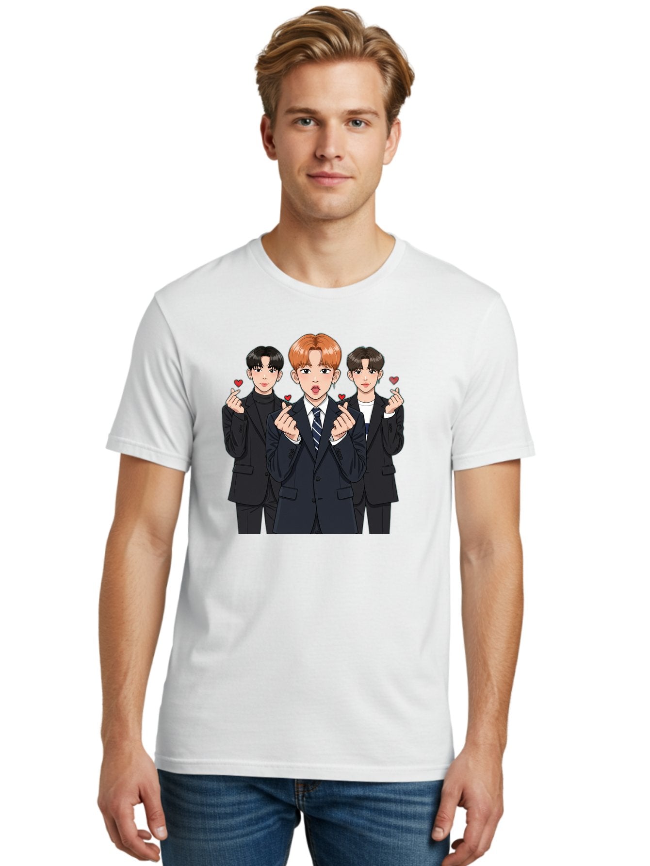 Three-Men-In-Suits-With-Hearts Men'S Graphic Tee, 100% Cotton, Comfortable Casual Summer Wear, Machine Washable, Young Men In Suits, Kpop Idols, Cartoon Style, Heart Gestures, Fashionable Clothing, Modern Boys, Stylish Outfits, Group Portrait, Bac518 29