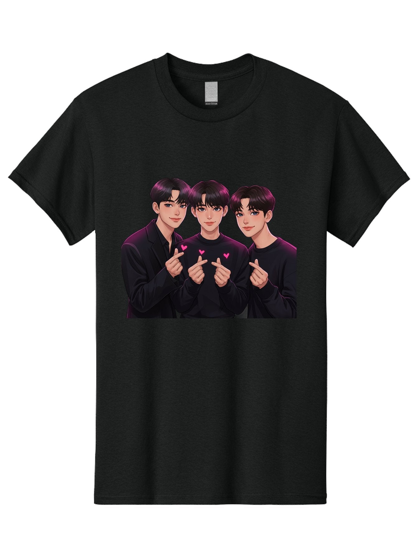 Three-Men-Pointing Men'S Graphic Tee, 100% Cotton, Comfortable Casual Summer Wear, Machine Washable, Young Men With Black Hair, Black Shirts, Pink Hearts, Finger Pointing, K-Pop Style, Group Portrait, Modern Fashion, Trendy Gesture, Bac519 12