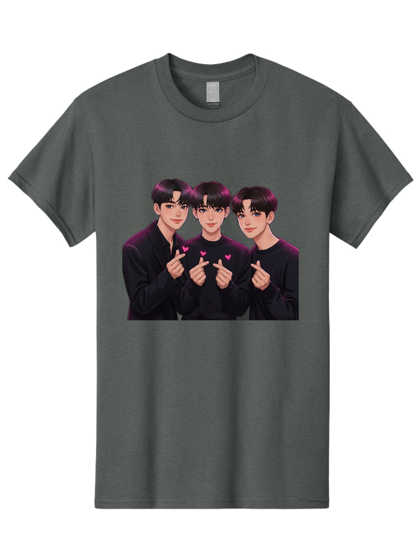 Three-Men-Pointing Men'S Graphic Tee, 100% Cotton, Comfortable Casual Summer Wear, Machine Washable, Young Men With Black Hair, Black Shirts, Pink Hearts, Finger Pointing, K-Pop Style, Group Portrait, Modern Fashion, Trendy Gesture, Bac519