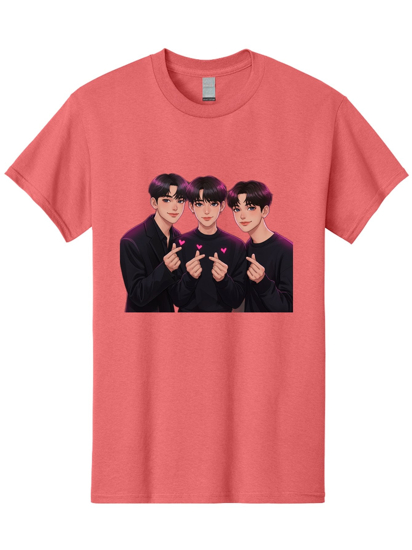 Three-Men-Pointing Men'S Graphic Tee, 100% Cotton, Comfortable Casual Summer Wear, Machine Washable, Young Men With Black Hair, Black Shirts, Pink Hearts, Finger Pointing, K-Pop Style, Group Portrait, Modern Fashion, Trendy Gesture, Bac519 10