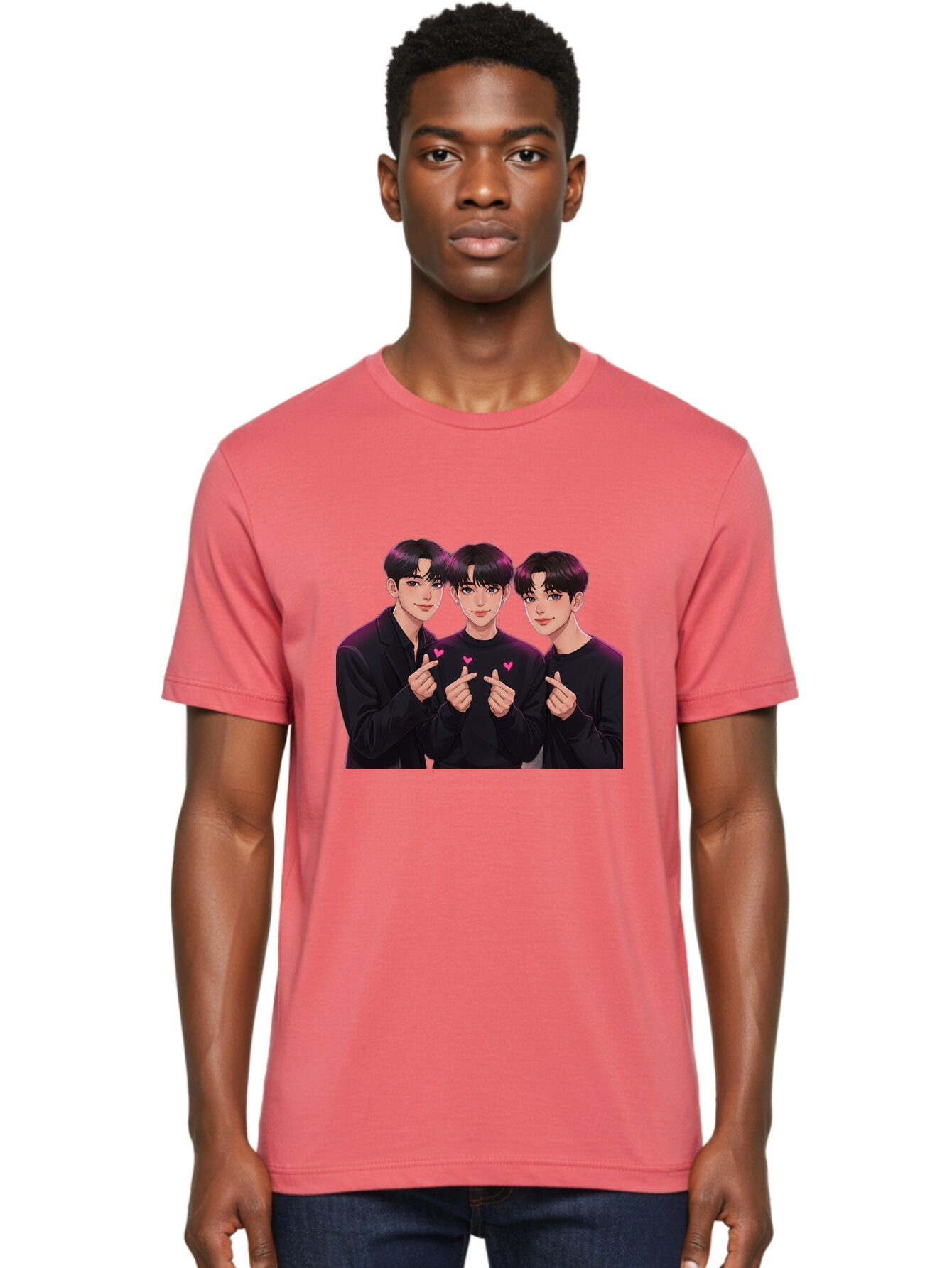 Three-Men-Pointing Men'S Graphic Tee, 100% Cotton, Comfortable Casual Summer Wear, Machine Washable, Young Men With Black Hair, Black Shirts, Pink Hearts, Finger Pointing, K-Pop Style, Group Portrait, Modern Fashion, Trendy Gesture, Bac519 17