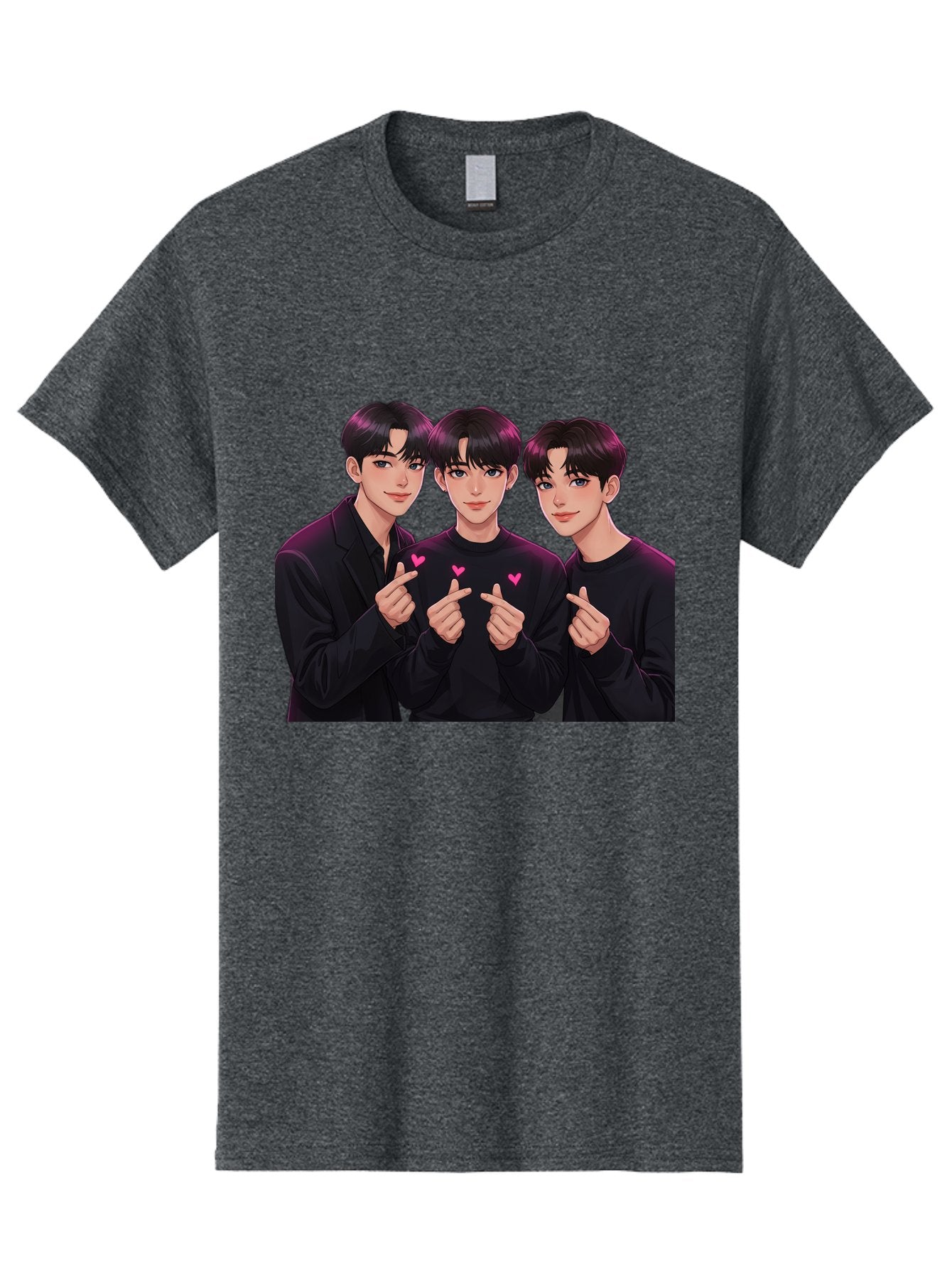 Three-Men-Pointing Men'S Graphic Tee, 100% Cotton, Comfortable Casual Summer Wear, Machine Washable, Young Men With Black Hair, Black Shirts, Pink Hearts, Finger Pointing, K-Pop Style, Group Portrait, Modern Fashion, Trendy Gesture, Bac519 7
