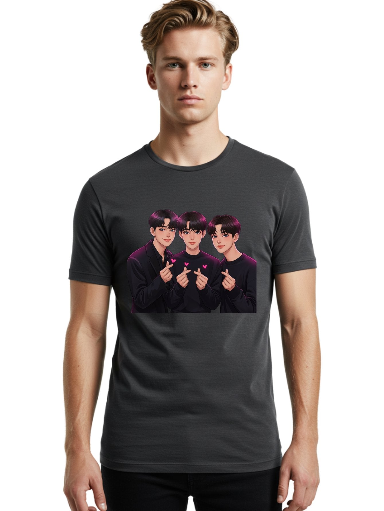 Three-Men-Pointing Men'S Graphic Tee, 100% Cotton, Comfortable Casual Summer Wear, Machine Washable, Young Men With Black Hair, Black Shirts, Pink Hearts, Finger Pointing, K-Pop Style, Group Portrait, Modern Fashion, Trendy Gesture, Bac519 16