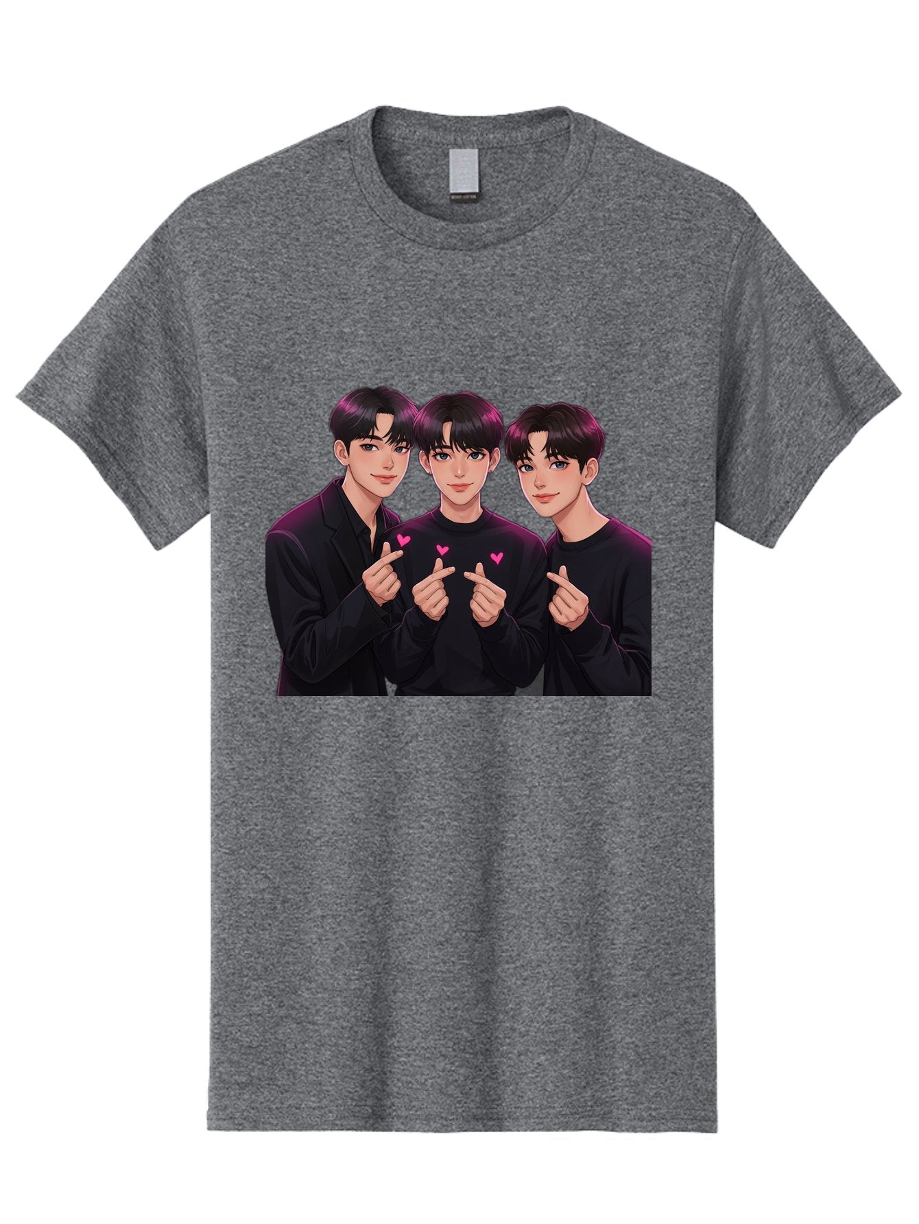 Three-Men-Pointing Men'S Graphic Tee, 100% Cotton, Comfortable Casual Summer Wear, Machine Washable, Young Men With Black Hair, Black Shirts, Pink Hearts, Finger Pointing, K-Pop Style, Group Portrait, Modern Fashion, Trendy Gesture, Bac519 13