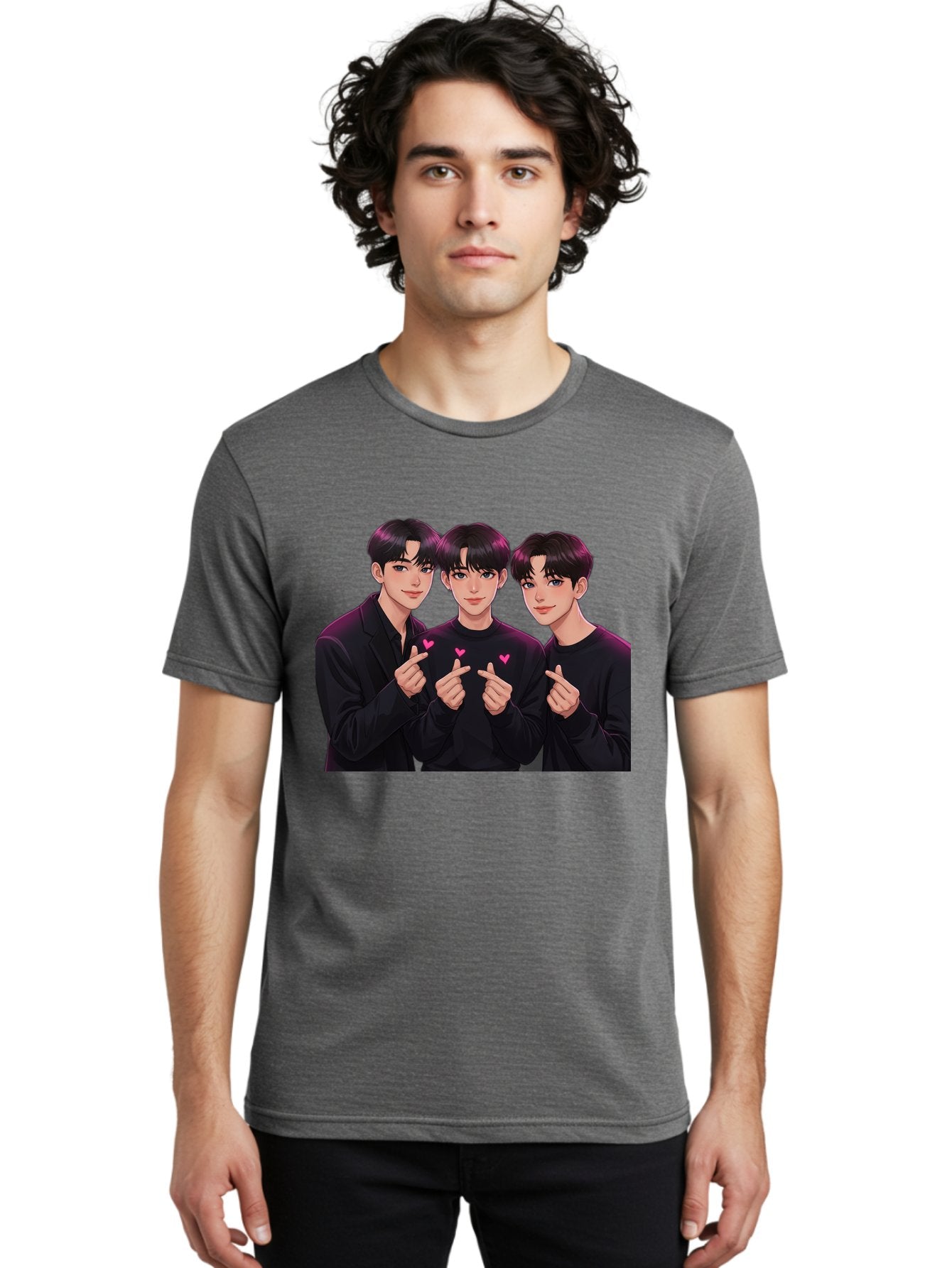 Three-Men-Pointing Men'S Graphic Tee, 100% Cotton, Comfortable Casual Summer Wear, Machine Washable, Young Men With Black Hair, Black Shirts, Pink Hearts, Finger Pointing, K-Pop Style, Group Portrait, Modern Fashion, Trendy Gesture, Bac519 20