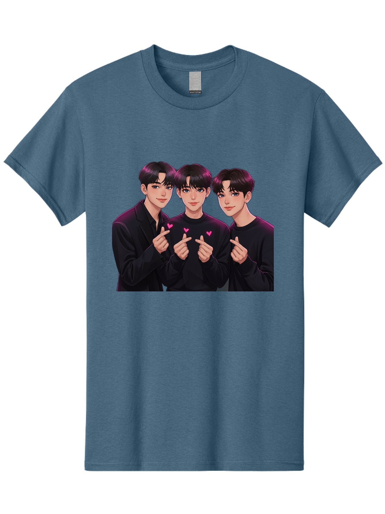 Three-Men-Pointing Men'S Graphic Tee, 100% Cotton, Comfortable Casual Summer Wear, Machine Washable, Young Men With Black Hair, Black Shirts, Pink Hearts, Finger Pointing, K-Pop Style, Group Portrait, Modern Fashion, Trendy Gesture, Bac519 6