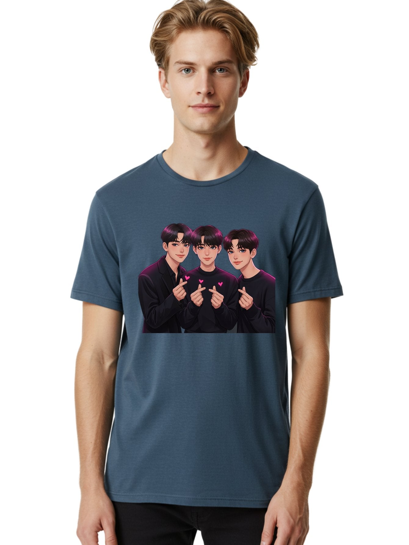 Three-Men-Pointing Men'S Graphic Tee, 100% Cotton, Comfortable Casual Summer Wear, Machine Washable, Young Men With Black Hair, Black Shirts, Pink Hearts, Finger Pointing, K-Pop Style, Group Portrait, Modern Fashion, Trendy Gesture, Bac519 24