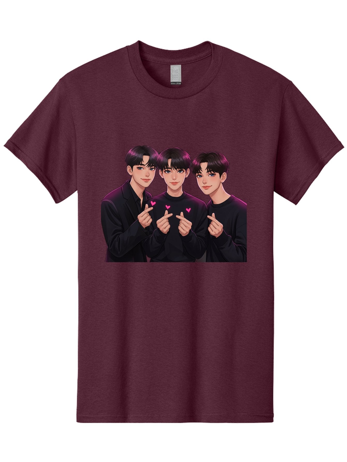 Three-Men-Pointing Men'S Graphic Tee, 100% Cotton, Comfortable Casual Summer Wear, Machine Washable, Young Men With Black Hair, Black Shirts, Pink Hearts, Finger Pointing, K-Pop Style, Group Portrait, Modern Fashion, Trendy Gesture, Bac519 11