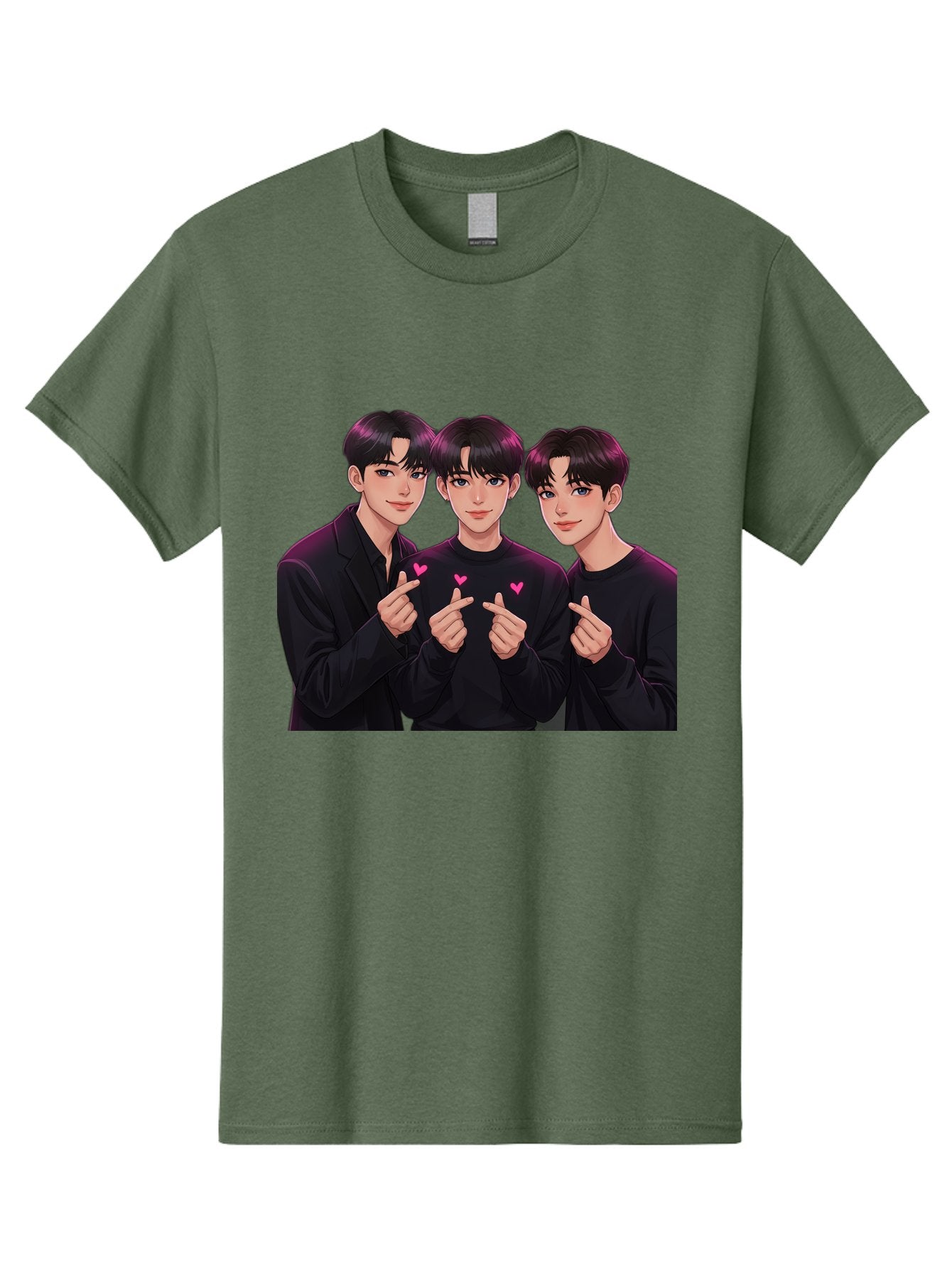 Three-Men-Pointing Men'S Graphic Tee, 100% Cotton, Comfortable Casual Summer Wear, Machine Washable, Young Men With Black Hair, Black Shirts, Pink Hearts, Finger Pointing, K-Pop Style, Group Portrait, Modern Fashion, Trendy Gesture, Bac519 15