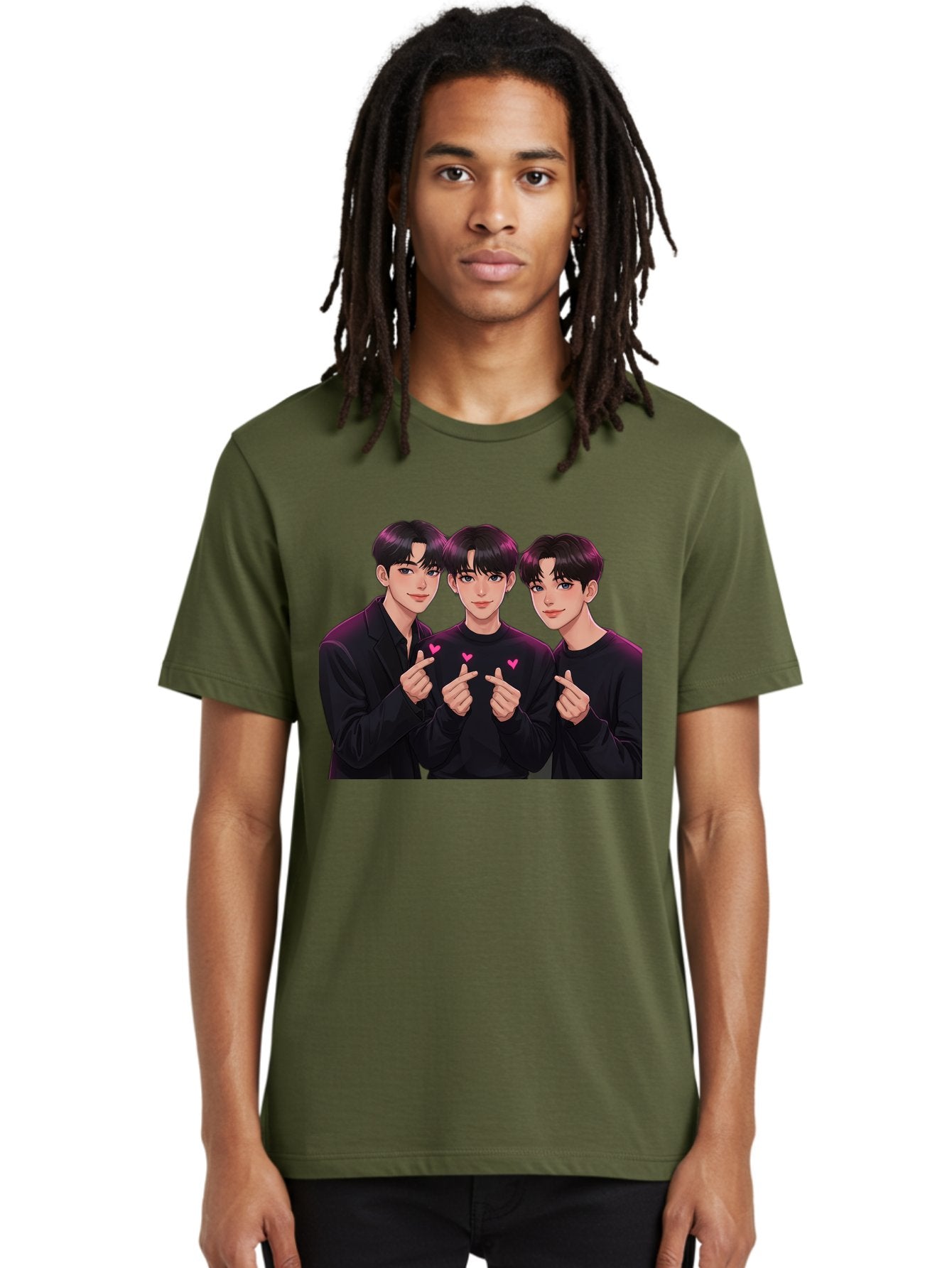 Three-Men-Pointing Men'S Graphic Tee, 100% Cotton, Comfortable Casual Summer Wear, Machine Washable, Young Men With Black Hair, Black Shirts, Pink Hearts, Finger Pointing, K-Pop Style, Group Portrait, Modern Fashion, Trendy Gesture, Bac519 30