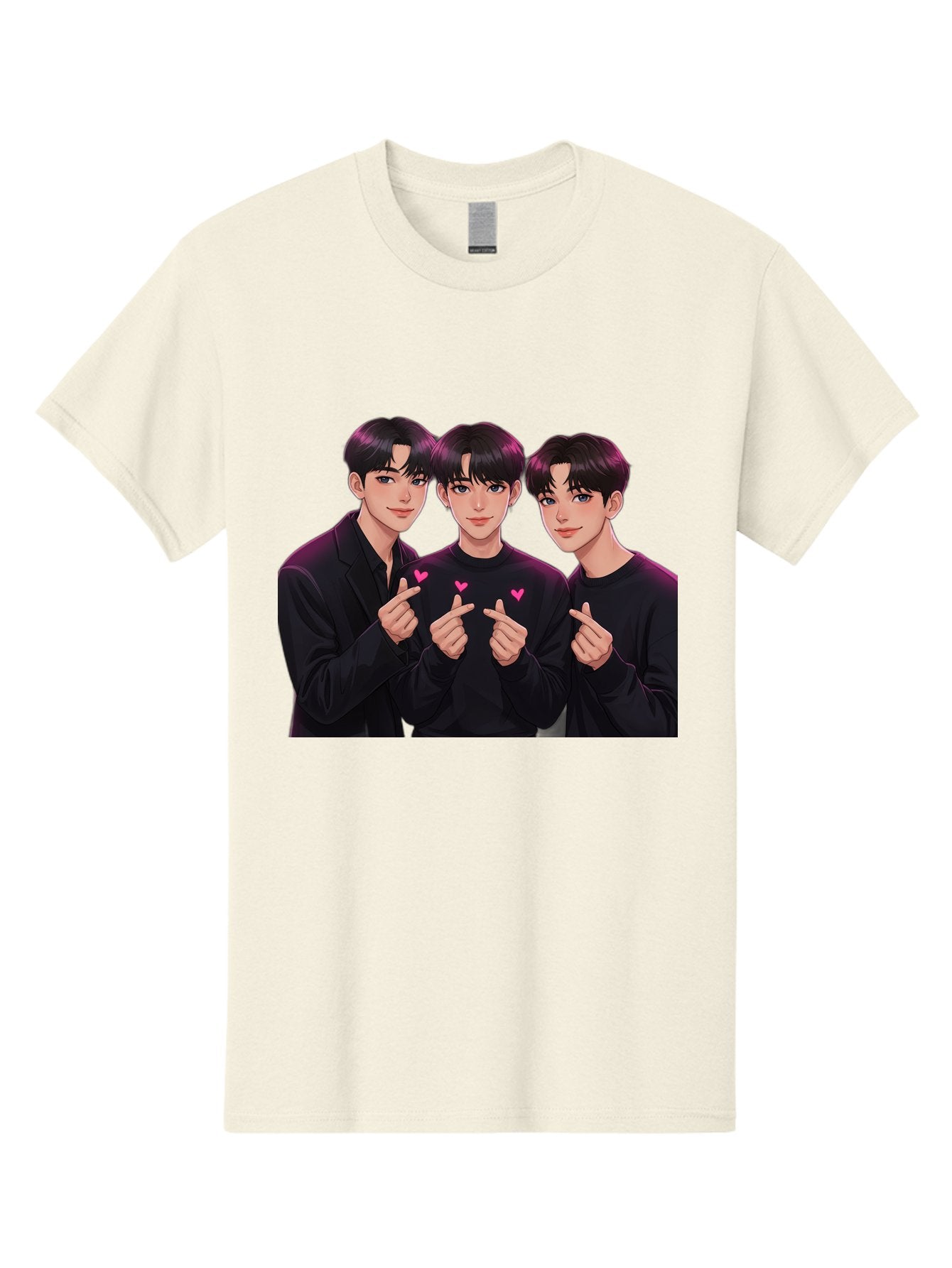 Three-Men-Pointing Men'S Graphic Tee, 100% Cotton, Comfortable Casual Summer Wear, Machine Washable, Young Men With Black Hair, Black Shirts, Pink Hearts, Finger Pointing, K-Pop Style, Group Portrait, Modern Fashion, Trendy Gesture, Bac519 9