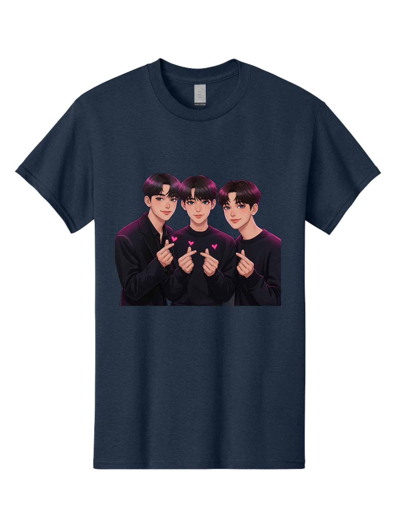 Three-Men-Pointing Men'S Graphic Tee, 100% Cotton, Comfortable Casual Summer Wear, Machine Washable, Young Men With Black Hair, Black Shirts, Pink Hearts, Finger Pointing, K-Pop Style, Group Portrait, Modern Fashion, Trendy Gesture, Bac519 5