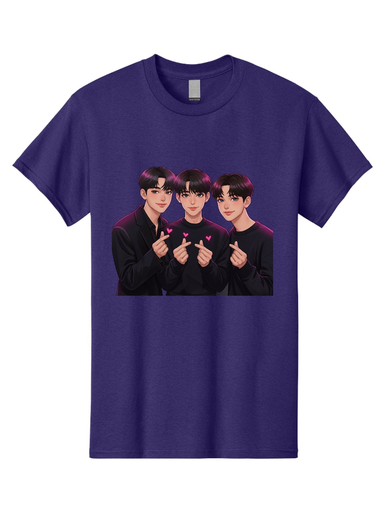 Three-Men-Pointing Men'S Graphic Tee, 100% Cotton, Comfortable Casual Summer Wear, Machine Washable, Young Men With Black Hair, Black Shirts, Pink Hearts, Finger Pointing, K-Pop Style, Group Portrait, Modern Fashion, Trendy Gesture, Bac519 4