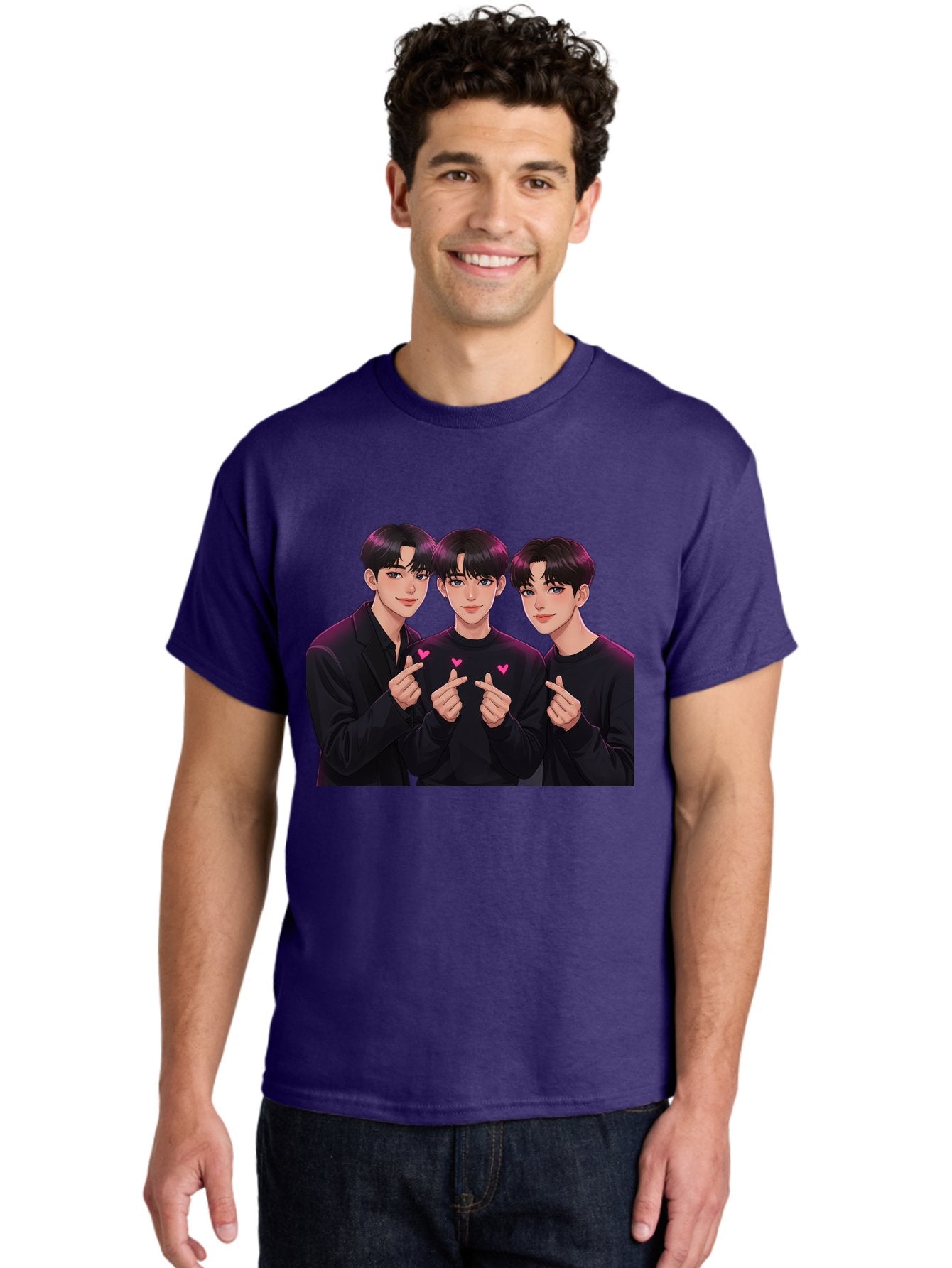 Three-Men-Pointing Men'S Graphic Tee, 100% Cotton, Comfortable Casual Summer Wear, Machine Washable, Young Men With Black Hair, Black Shirts, Pink Hearts, Finger Pointing, K-Pop Style, Group Portrait, Modern Fashion, Trendy Gesture, Bac519 18