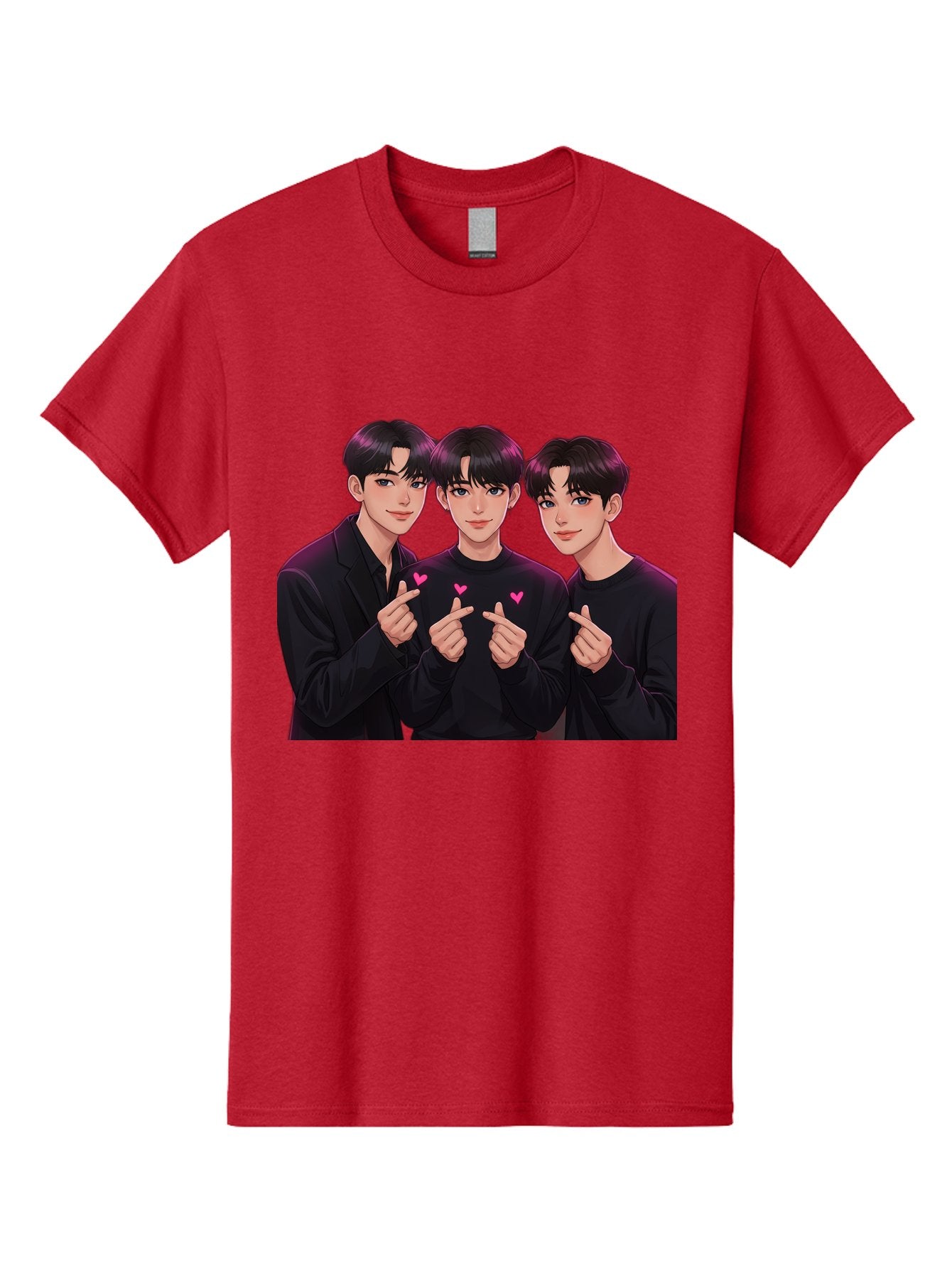 Three-Men-Pointing Men'S Graphic Tee, 100% Cotton, Comfortable Casual Summer Wear, Machine Washable, Young Men With Black Hair, Black Shirts, Pink Hearts, Finger Pointing, K-Pop Style, Group Portrait, Modern Fashion, Trendy Gesture, Bac519