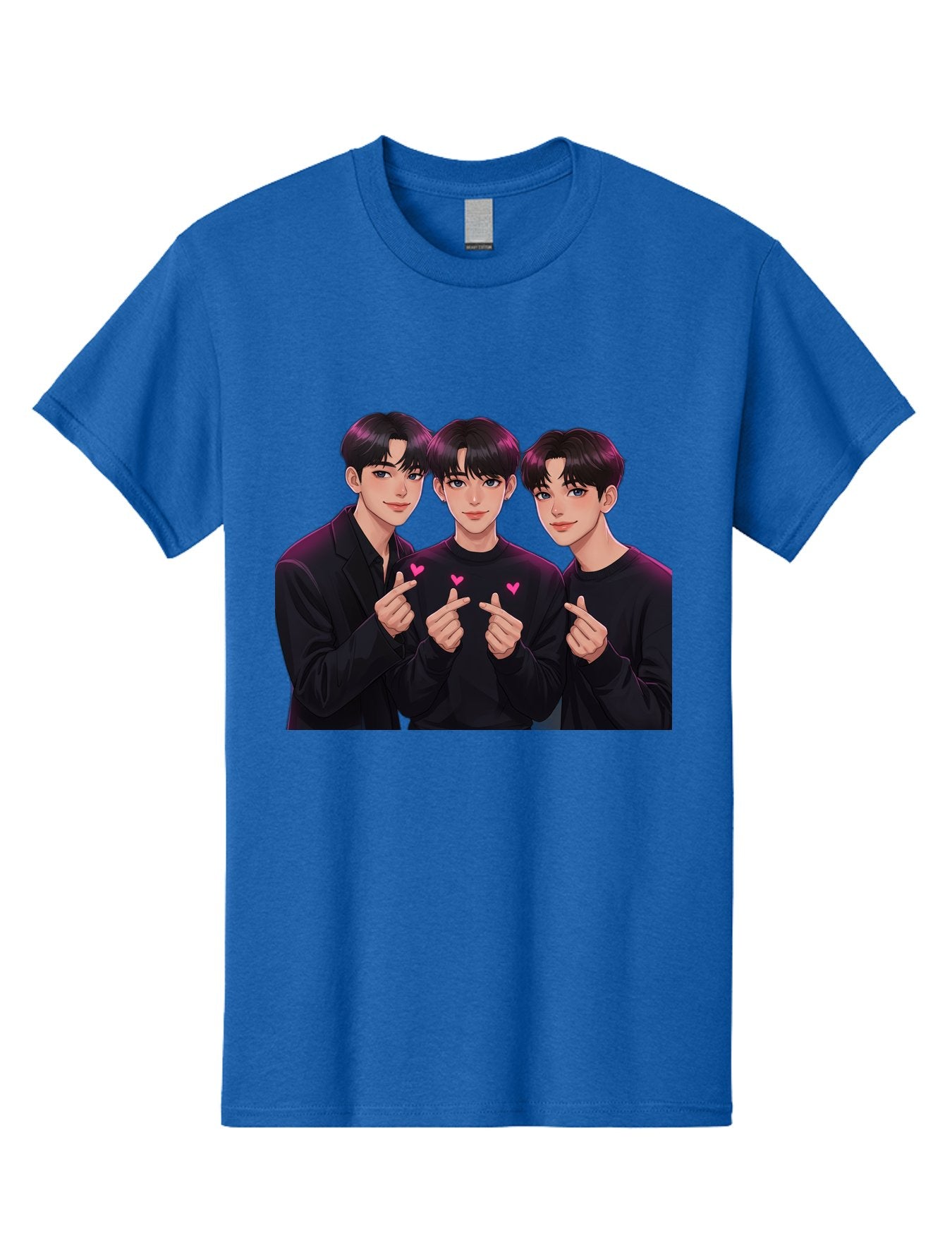 Three-Men-Pointing Men'S Graphic Tee, 100% Cotton, Comfortable Casual Summer Wear, Machine Washable, Young Men With Black Hair, Black Shirts, Pink Hearts, Finger Pointing, K-Pop Style, Group Portrait, Modern Fashion, Trendy Gesture, Bac519 3