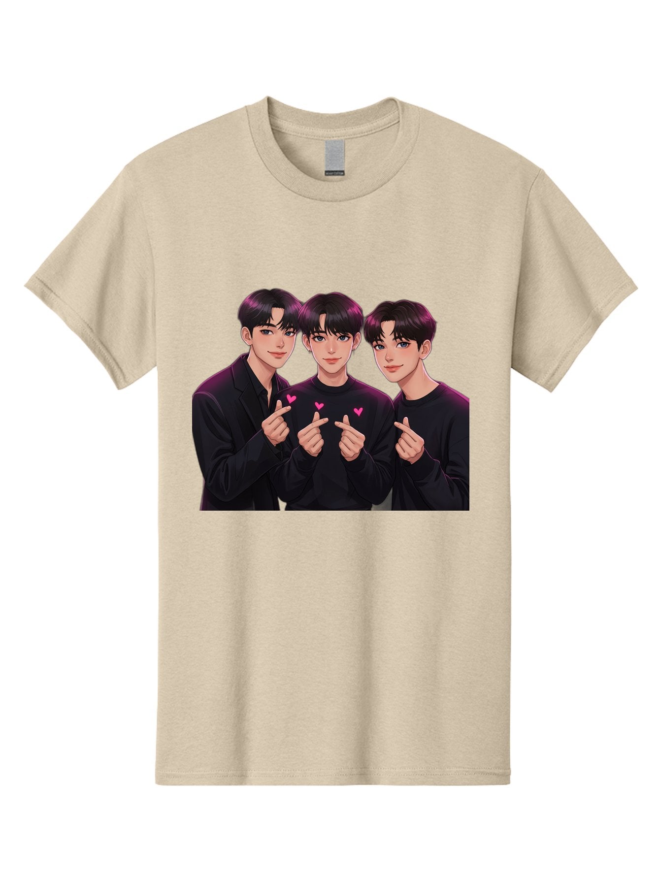 Three-Men-Pointing Men'S Graphic Tee, 100% Cotton, Comfortable Casual Summer Wear, Machine Washable, Young Men With Black Hair, Black Shirts, Pink Hearts, Finger Pointing, K-Pop Style, Group Portrait, Modern Fashion, Trendy Gesture, Bac519 8
