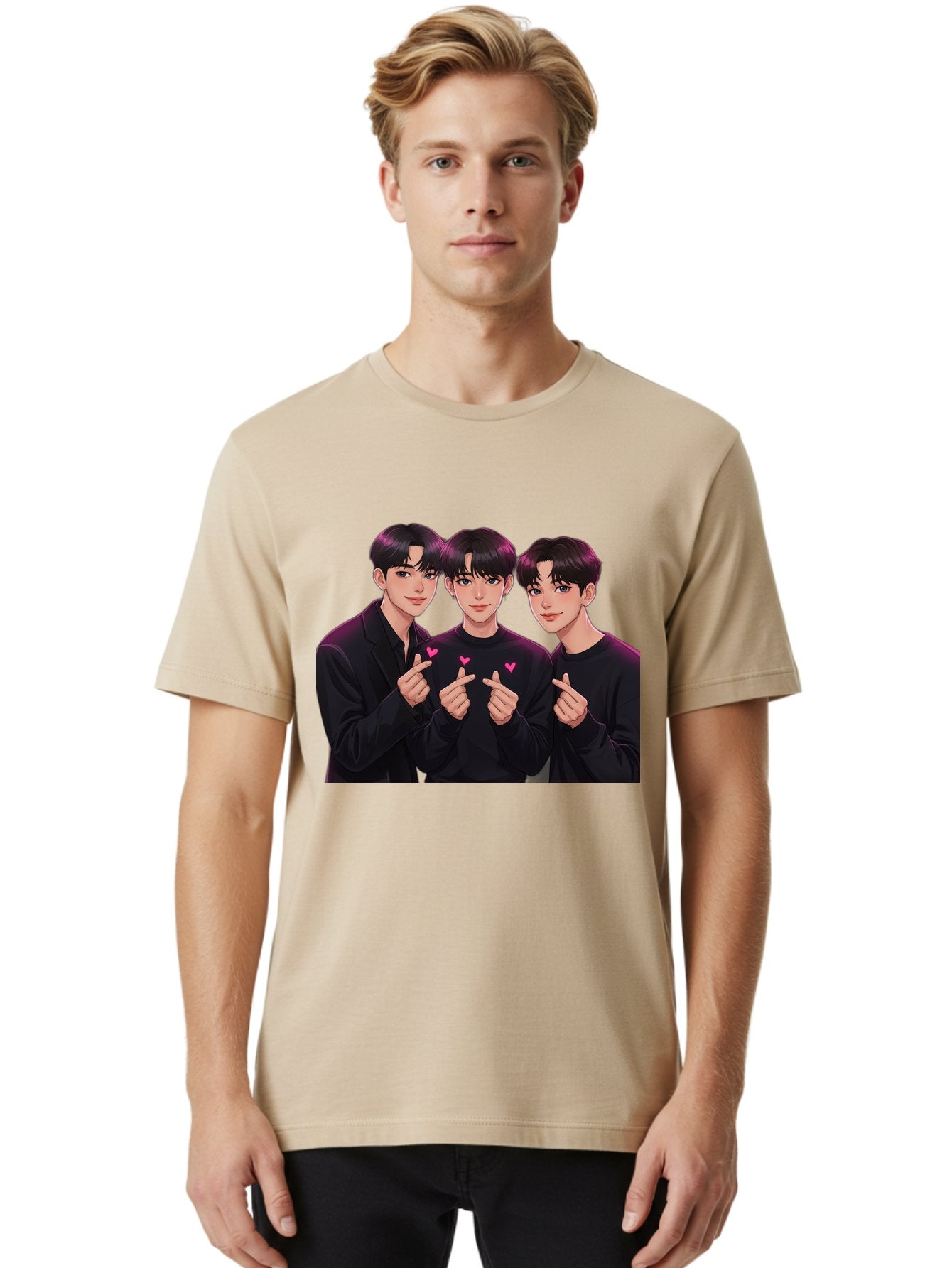 Three-Men-Pointing Men'S Graphic Tee, 100% Cotton, Comfortable Casual Summer Wear, Machine Washable, Young Men With Black Hair, Black Shirts, Pink Hearts, Finger Pointing, K-Pop Style, Group Portrait, Modern Fashion, Trendy Gesture, Bac519 25