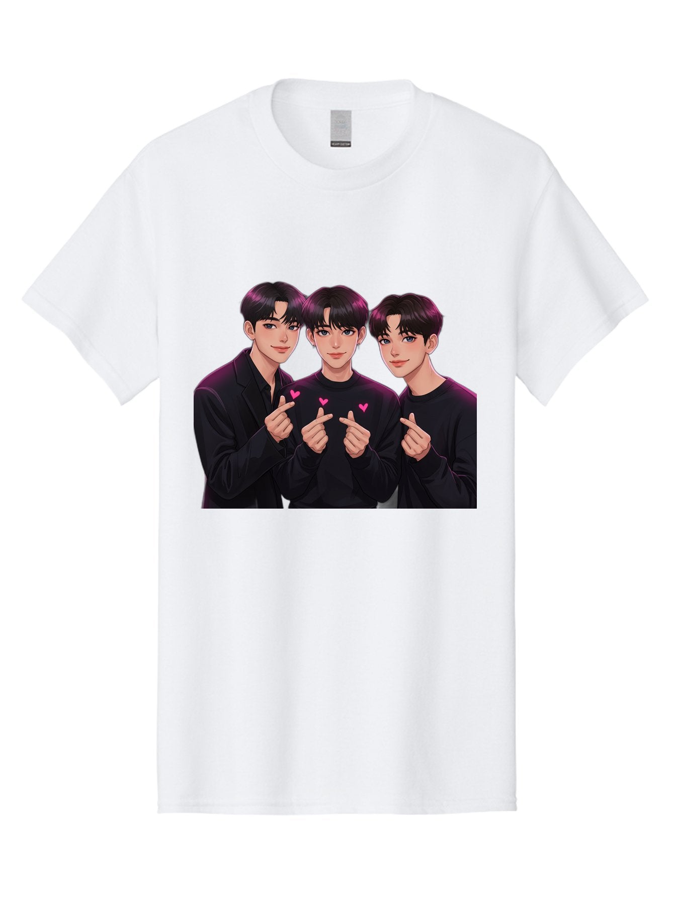 Three-Men-Pointing Men'S Graphic Tee, 100% Cotton, Comfortable Casual Summer Wear, Machine Washable, Young Men With Black Hair, Black Shirts, Pink Hearts, Finger Pointing, K-Pop Style, Group Portrait, Modern Fashion, Trendy Gesture, Bac519 14