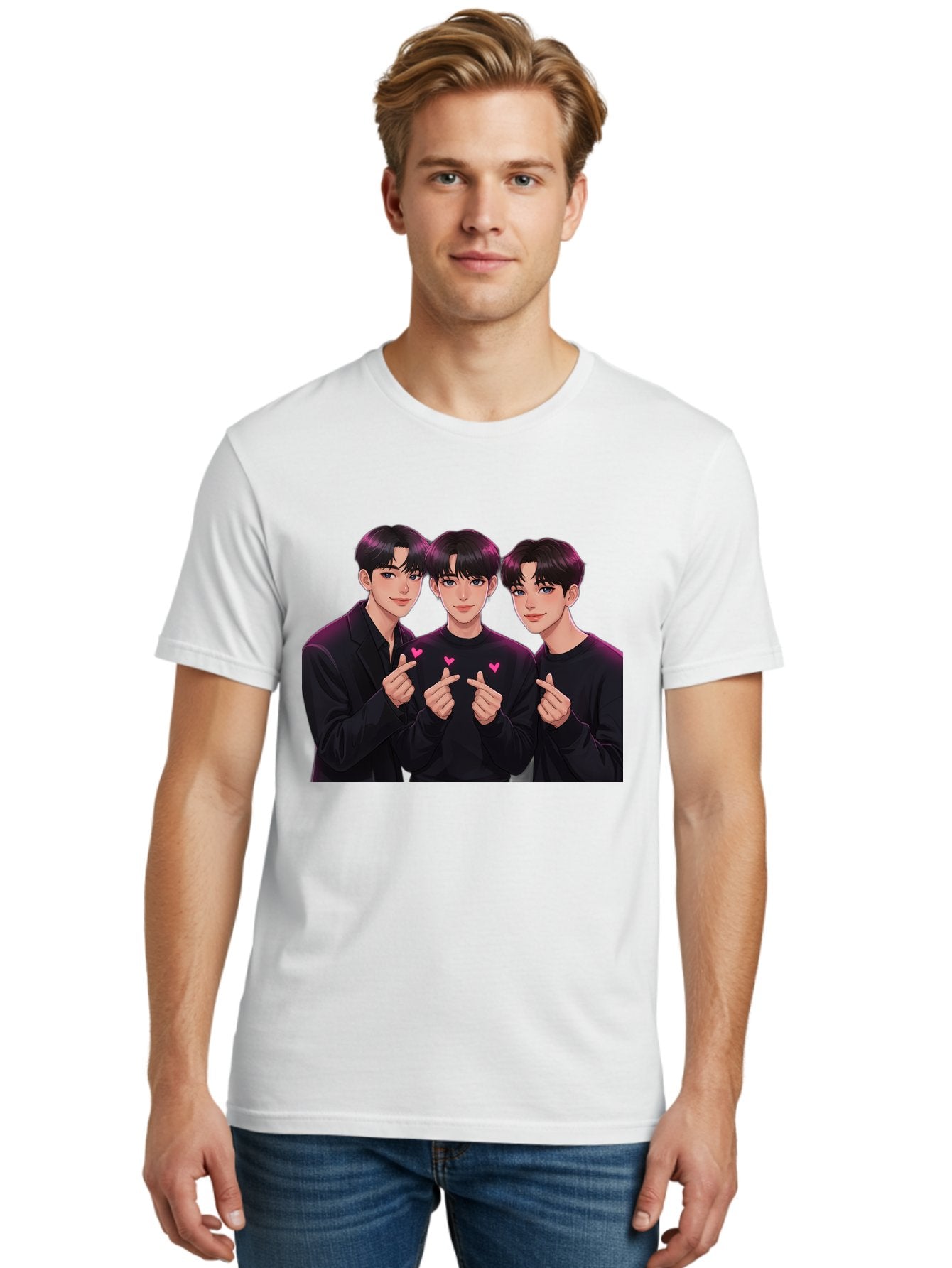 Three-Men-Pointing Men'S Graphic Tee, 100% Cotton, Comfortable Casual Summer Wear, Machine Washable, Young Men With Black Hair, Black Shirts, Pink Hearts, Finger Pointing, K-Pop Style, Group Portrait, Modern Fashion, Trendy Gesture, Bac519 29