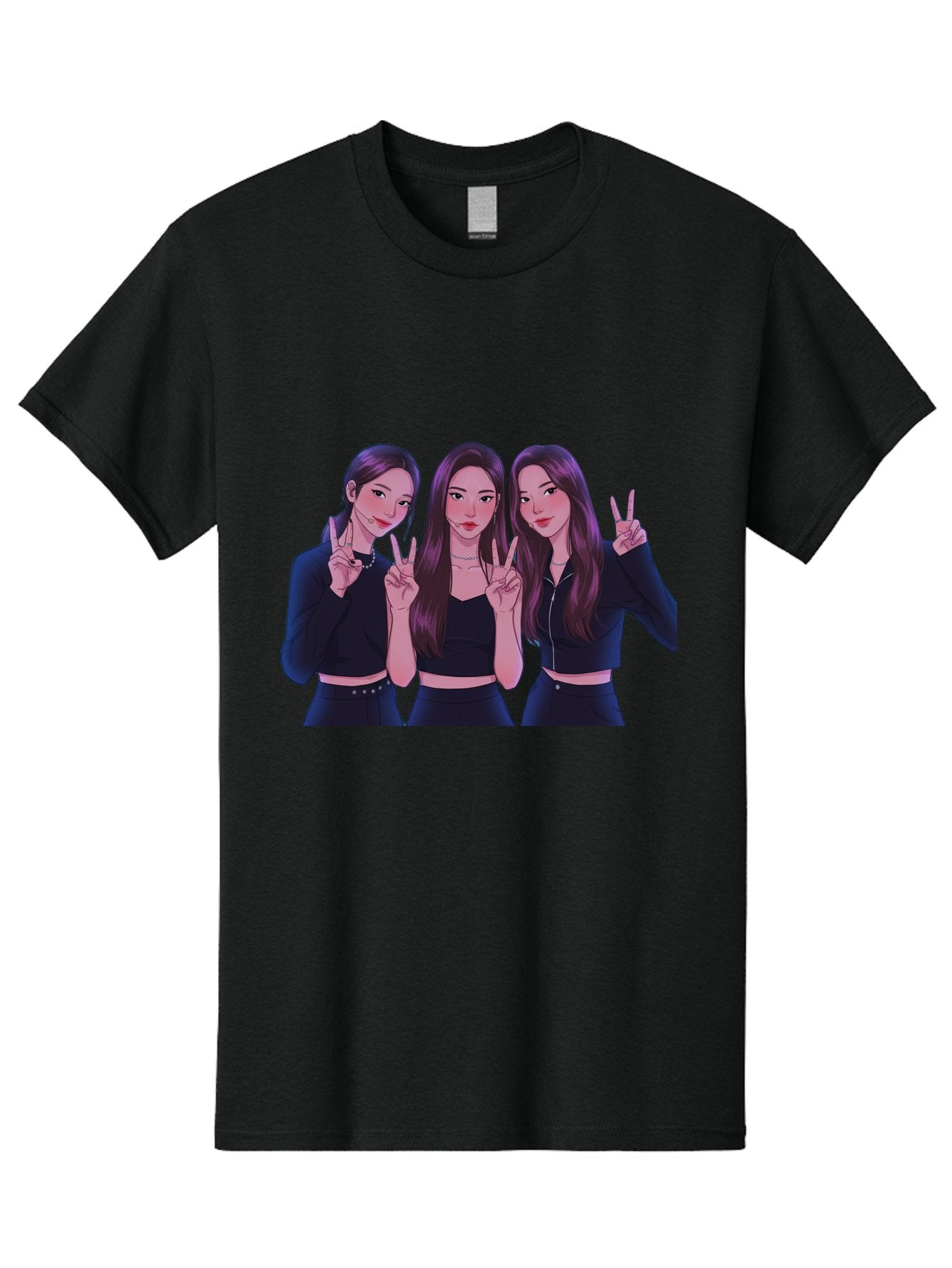 Three-Women-Posing Men'S Graphic Tee, 100% Cotton, Comfortable Casual Summer Wear, Machine Washable, Cartoon Women, Peace Signs, Long Hair, Black Outfits, Girl Power, Friendship, Playful Gestures, K-Pop Style, Pop Art Bac520
