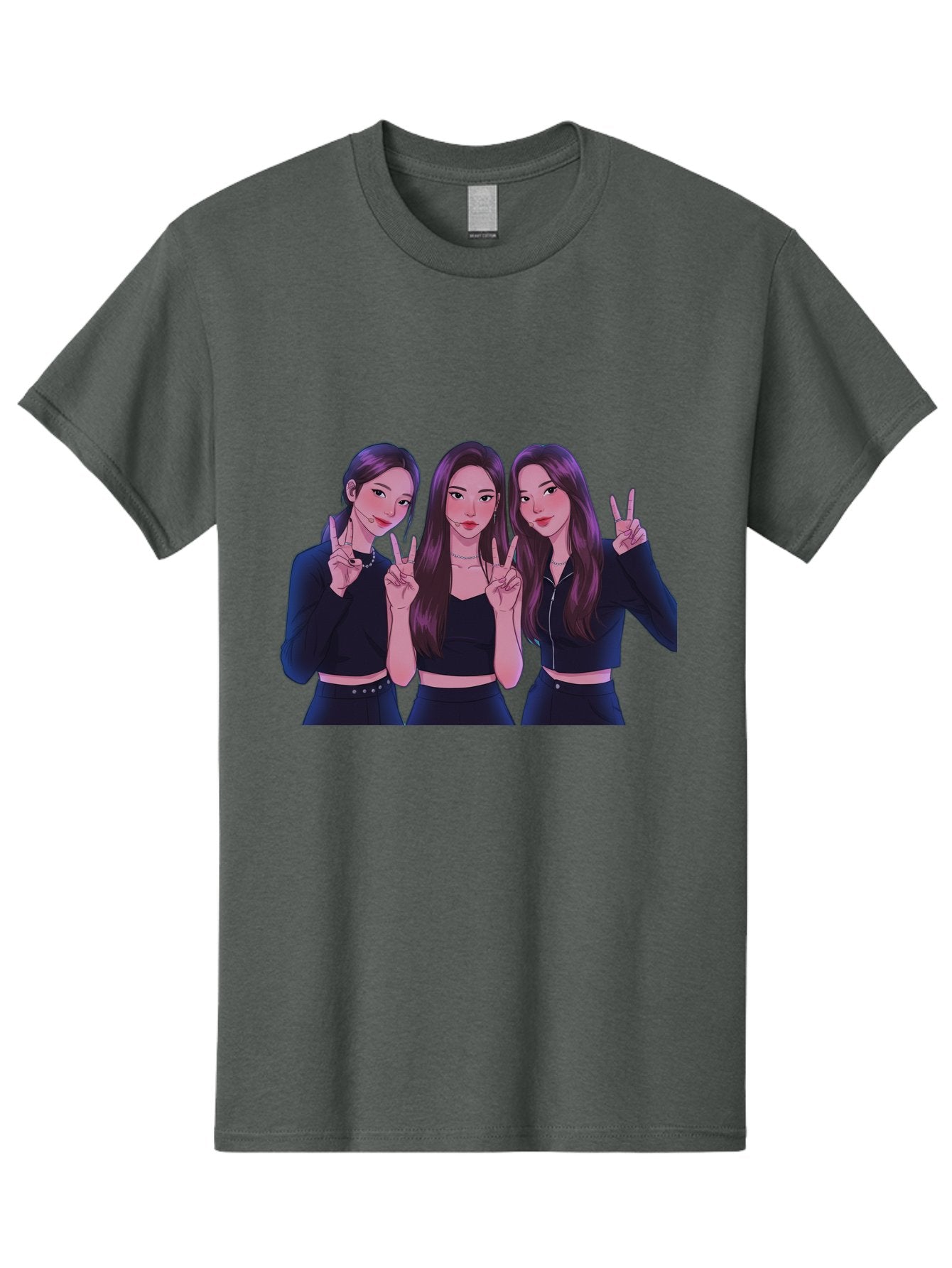 Three-Women-Posing Men'S Graphic Tee, 100% Cotton, Comfortable Casual Summer Wear, Machine Washable, Cartoon Women, Peace Signs, Long Hair, Black Outfits, Girl Power, Friendship, Playful Gestures, K-Pop Style, Pop Art Bac520 3