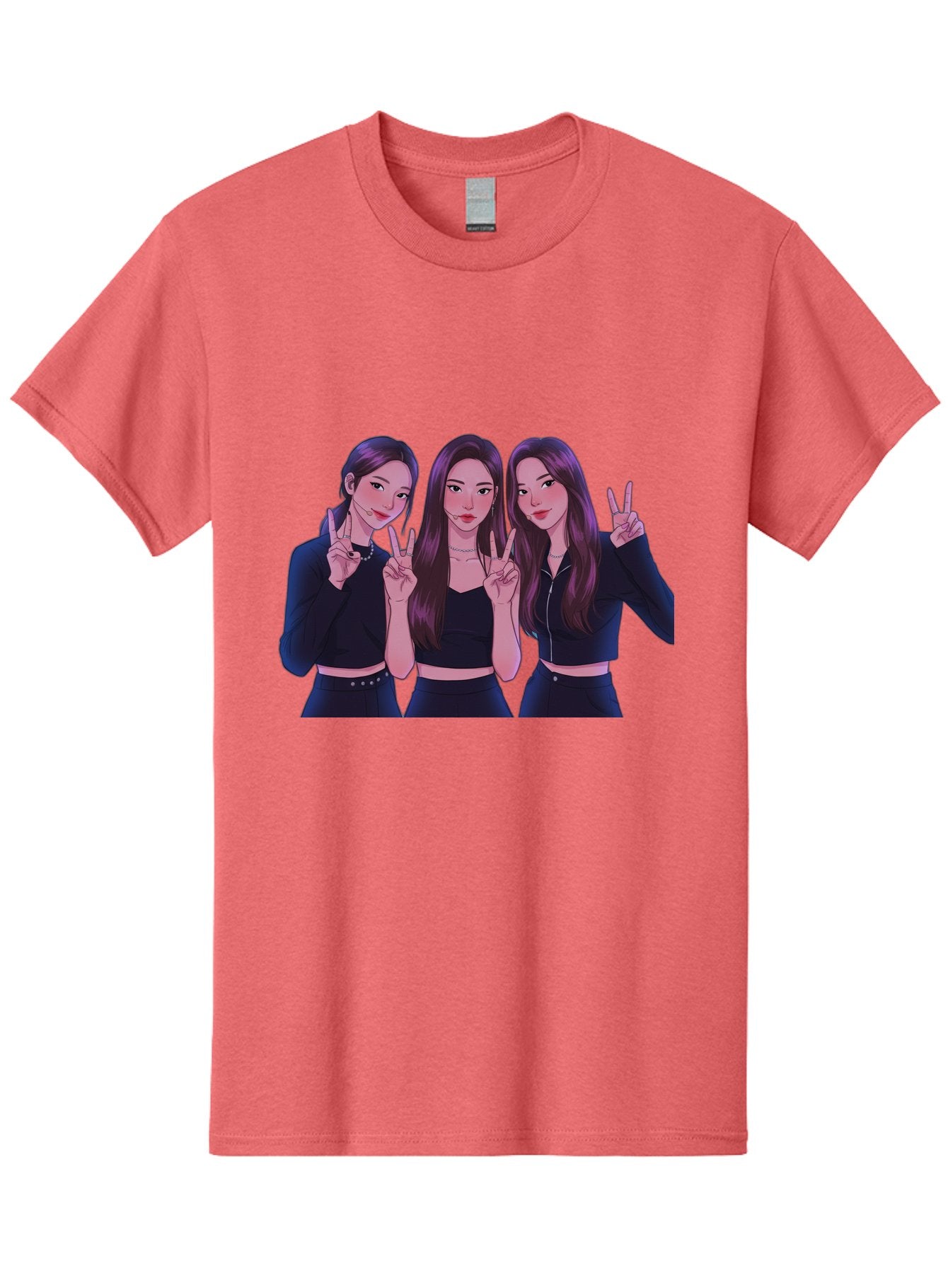 Three-Women-Posing Men'S Graphic Tee, 100% Cotton, Comfortable Casual Summer Wear, Machine Washable, Cartoon Women, Peace Signs, Long Hair, Black Outfits, Girl Power, Friendship, Playful Gestures, K-Pop Style, Pop Art Bac520 11