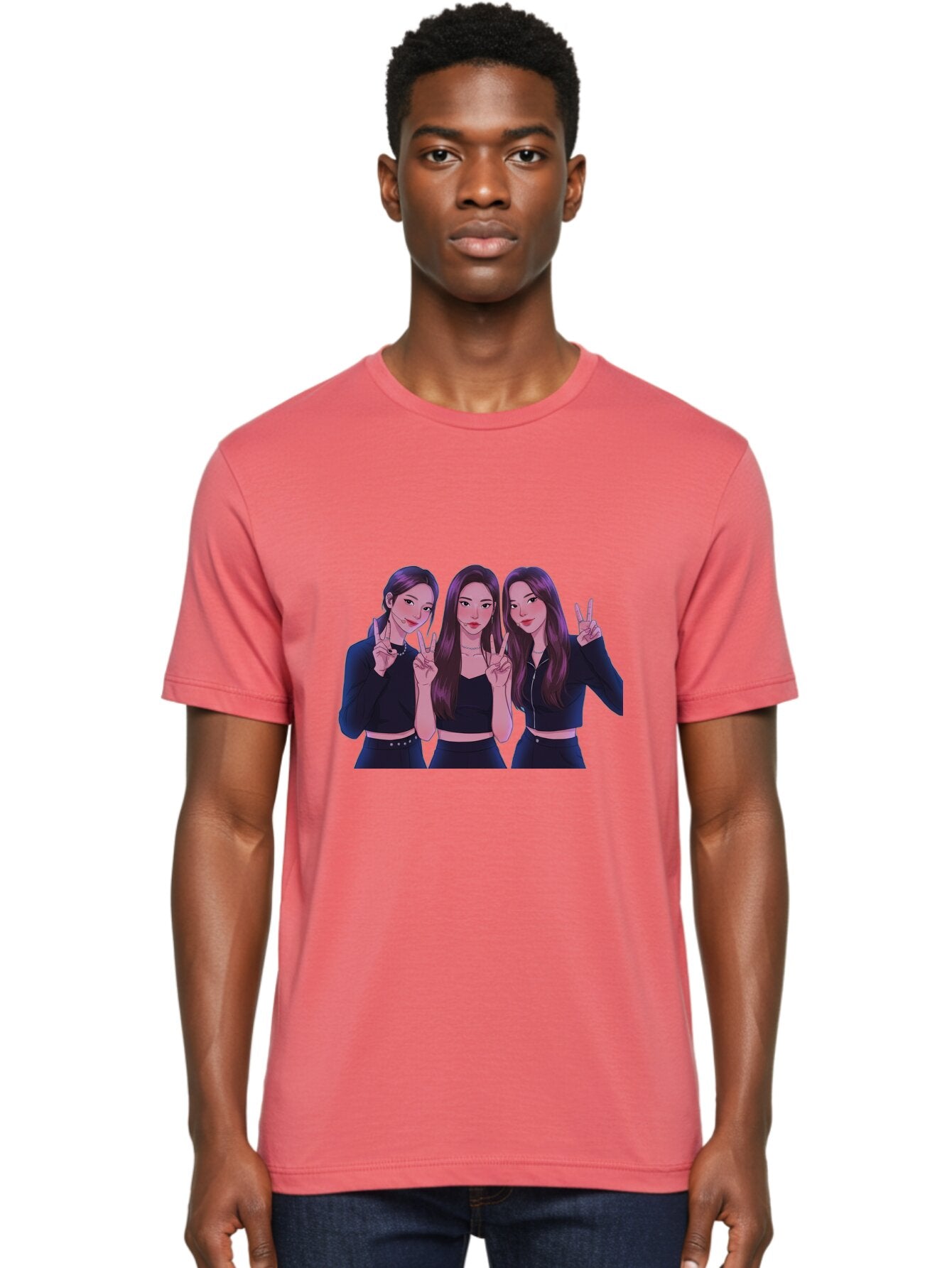 Three-Women-Posing Men'S Graphic Tee, 100% Cotton, Comfortable Casual Summer Wear, Machine Washable, Cartoon Women, Peace Signs, Long Hair, Black Outfits, Girl Power, Friendship, Playful Gestures, K-Pop Style, Pop Art Bac520 27