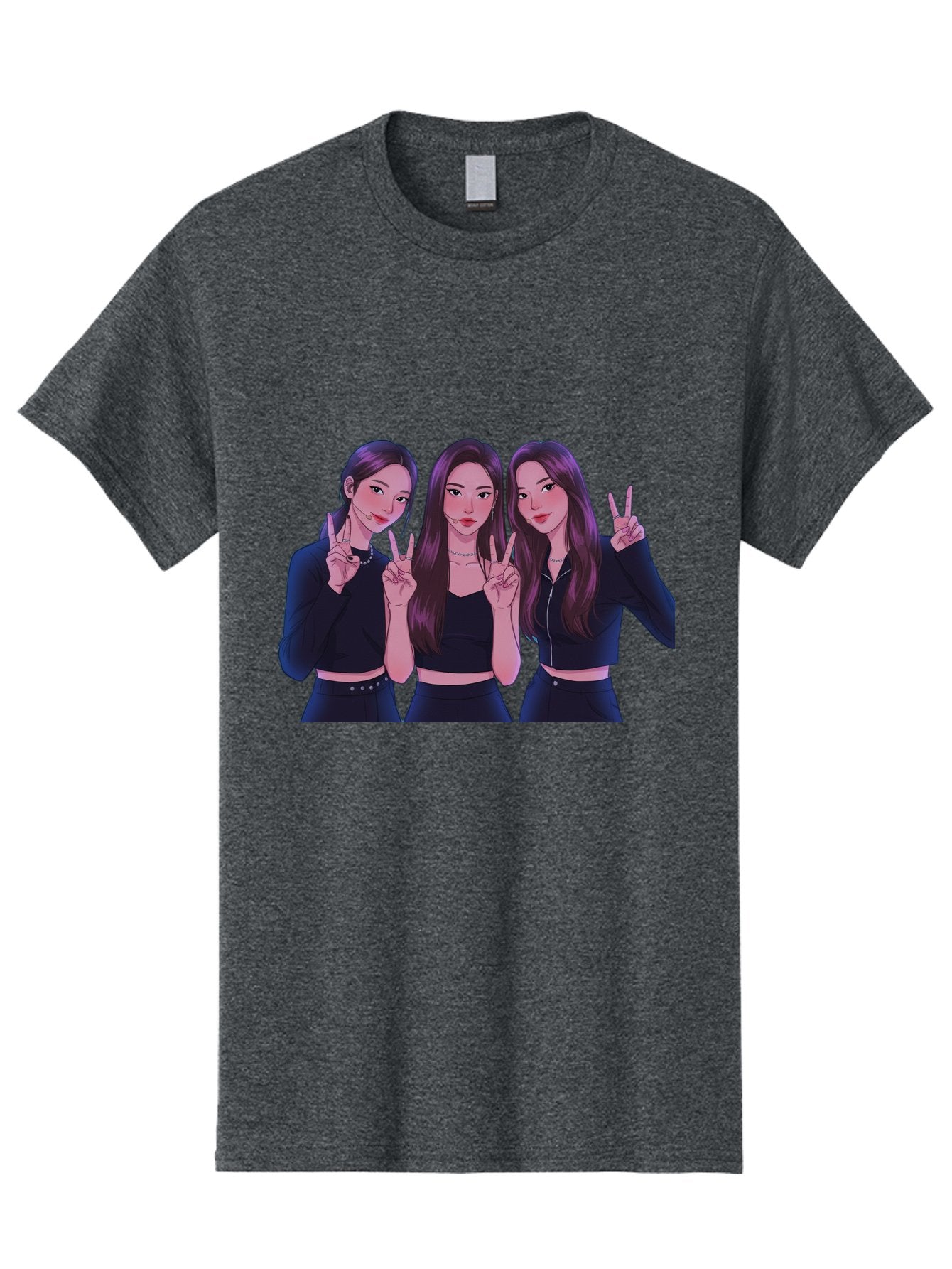 Three-Women-Posing Men'S Graphic Tee, 100% Cotton, Comfortable Casual Summer Wear, Machine Washable, Cartoon Women, Peace Signs, Long Hair, Black Outfits, Girl Power, Friendship, Playful Gestures, K-Pop Style, Pop Art Bac520 14