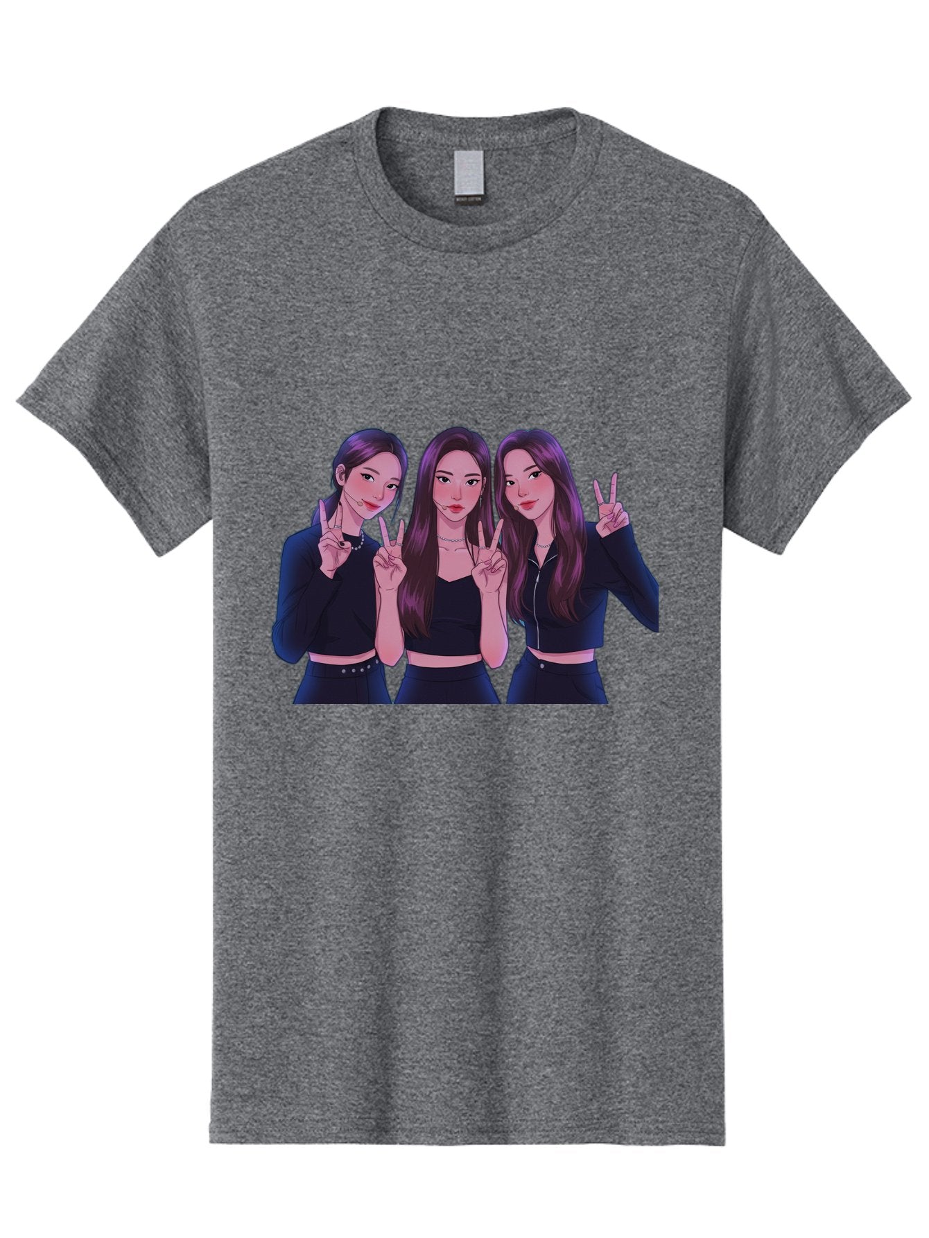 Three-Women-Posing Men'S Graphic Tee, 100% Cotton, Comfortable Casual Summer Wear, Machine Washable, Cartoon Women, Peace Signs, Long Hair, Black Outfits, Girl Power, Friendship, Playful Gestures, K-Pop Style, Pop Art Bac520 4