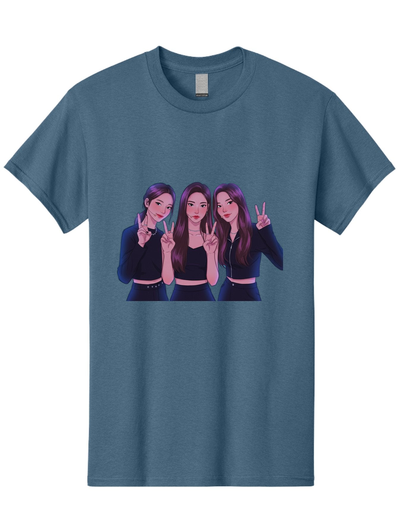 Three-Women-Posing Men'S Graphic Tee, 100% Cotton, Comfortable Casual Summer Wear, Machine Washable, Cartoon Women, Peace Signs, Long Hair, Black Outfits, Girl Power, Friendship, Playful Gestures, K-Pop Style, Pop Art Bac520 13