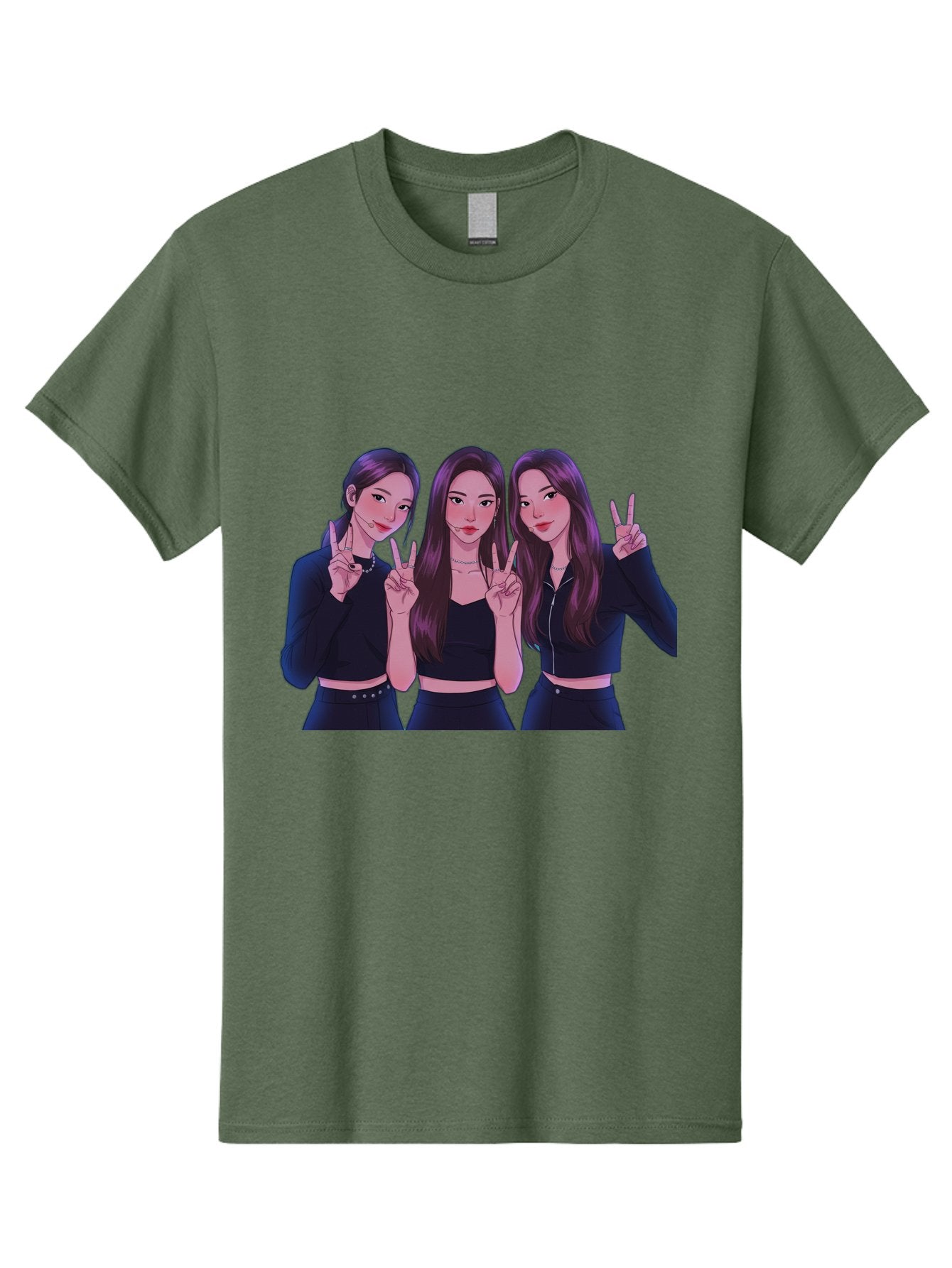 Three-Women-Posing Men'S Graphic Tee, 100% Cotton, Comfortable Casual Summer Wear, Machine Washable, Cartoon Women, Peace Signs, Long Hair, Black Outfits, Girl Power, Friendship, Playful Gestures, K-Pop Style, Pop Art Bac520 9