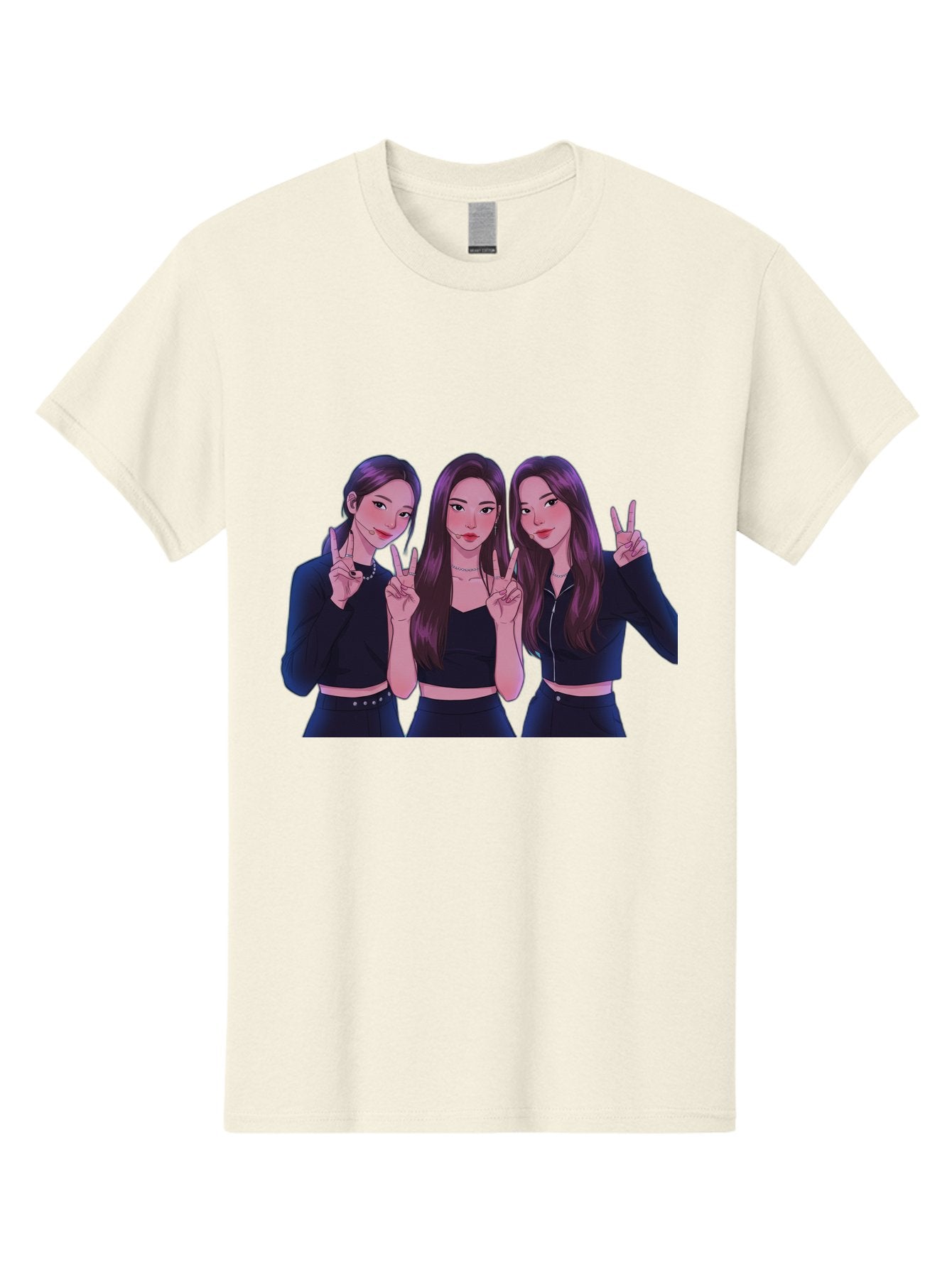 Three-Women-Posing Men'S Graphic Tee, 100% Cotton, Comfortable Casual Summer Wear, Machine Washable, Cartoon Women, Peace Signs, Long Hair, Black Outfits, Girl Power, Friendship, Playful Gestures, K-Pop Style, Pop Art Bac520 7