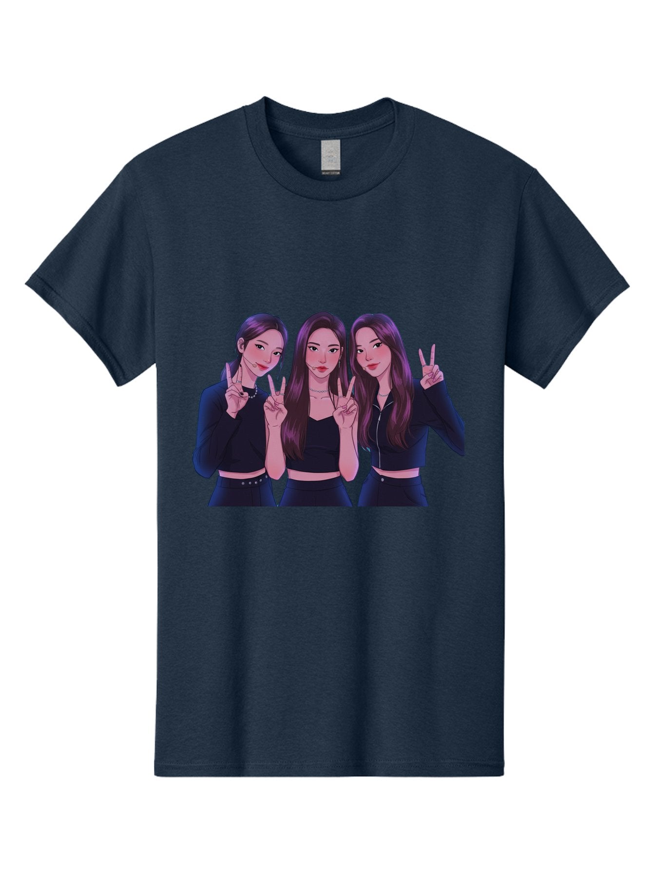Three-Women-Posing Men'S Graphic Tee, 100% Cotton, Comfortable Casual Summer Wear, Machine Washable, Cartoon Women, Peace Signs, Long Hair, Black Outfits, Girl Power, Friendship, Playful Gestures, K-Pop Style, Pop Art Bac520