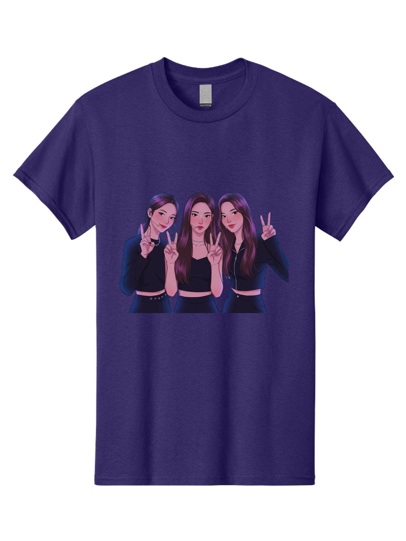Three-Women-Posing Men'S Graphic Tee, 100% Cotton, Comfortable Casual Summer Wear, Machine Washable, Cartoon Women, Peace Signs, Long Hair, Black Outfits, Girl Power, Friendship, Playful Gestures, K-Pop Style, Pop Art Bac520 12