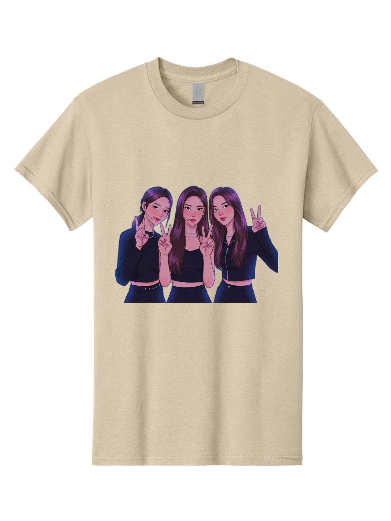 Three-Women-Posing Men'S Graphic Tee, 100% Cotton, Comfortable Casual Summer Wear, Machine Washable, Cartoon Women, Peace Signs, Long Hair, Black Outfits, Girl Power, Friendship, Playful Gestures, K-Pop Style, Pop Art Bac520 5