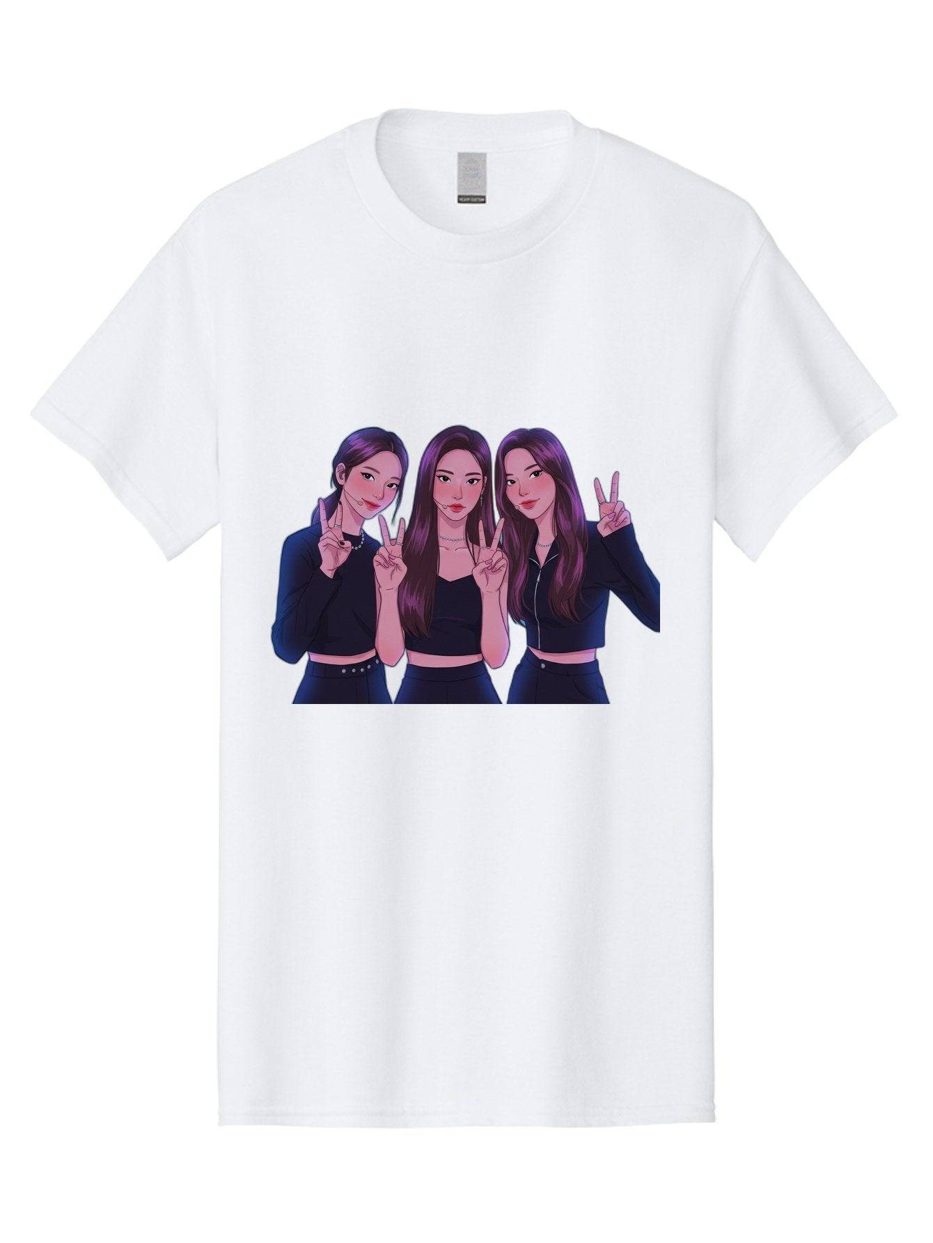 Three-Women-Posing Men'S Graphic Tee, 100% Cotton, Comfortable Casual Summer Wear, Machine Washable, Cartoon Women, Peace Signs, Long Hair, Black Outfits, Girl Power, Friendship, Playful Gestures, K-Pop Style, Pop Art Bac520 6