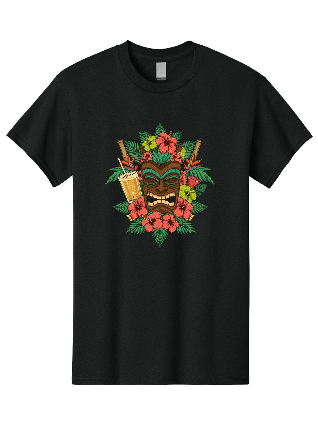 Tiki-Mask Men'S Graphic Tee, 100% Cotton, Comfortable Casual Summer Wear, Machine Washable, Tiki Mask Design, Tropical Flowers, Hibiscus, Cocktail, Straw, Bamboo, Vibrant Colors, Summer Vibes, Hawaiian Style, Tropical Getaway, Island Life, Bac521 13