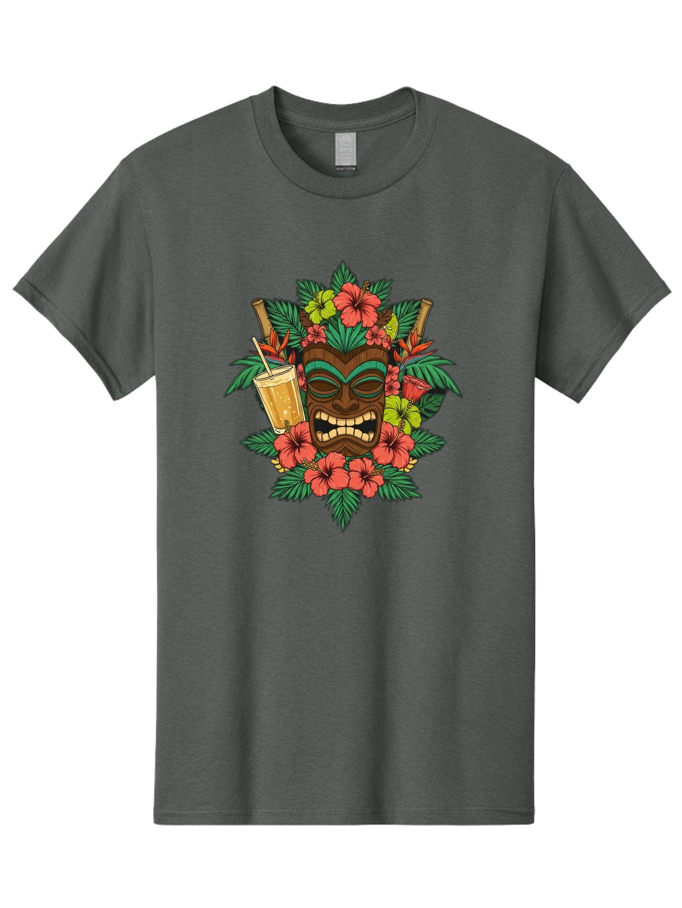 Tiki-Mask Men'S Graphic Tee, 100% Cotton, Comfortable Casual Summer Wear, Machine Washable, Tiki Mask Design, Tropical Flowers, Hibiscus, Cocktail, Straw, Bamboo, Vibrant Colors, Summer Vibes, Hawaiian Style, Tropical Getaway, Island Life, Bac521 5
