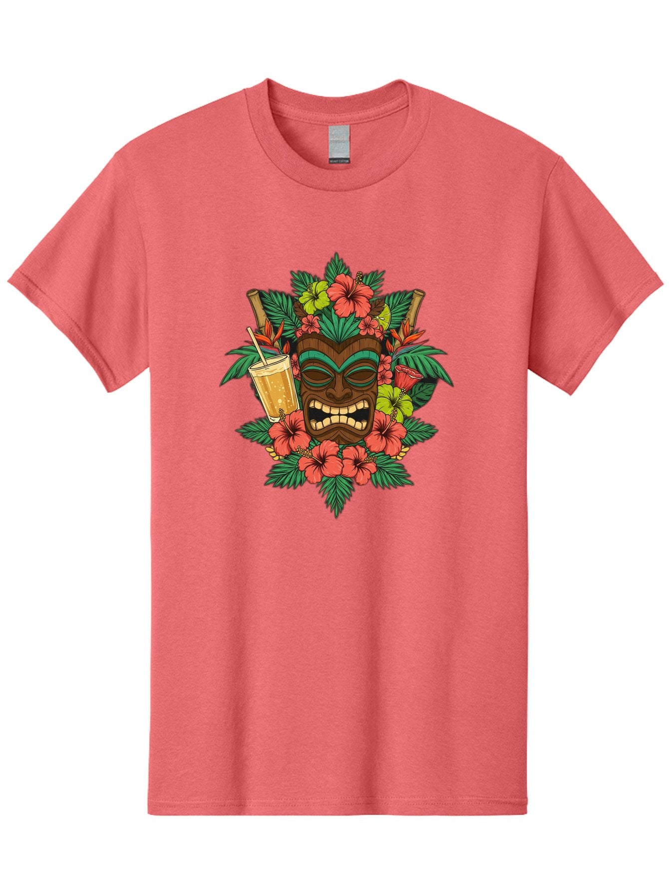 Tiki-Mask Men'S Graphic Tee, 100% Cotton, Comfortable Casual Summer Wear, Machine Washable, Tiki Mask Design, Tropical Flowers, Hibiscus, Cocktail, Straw, Bamboo, Vibrant Colors, Summer Vibes, Hawaiian Style, Tropical Getaway, Island Life, Bac521 3