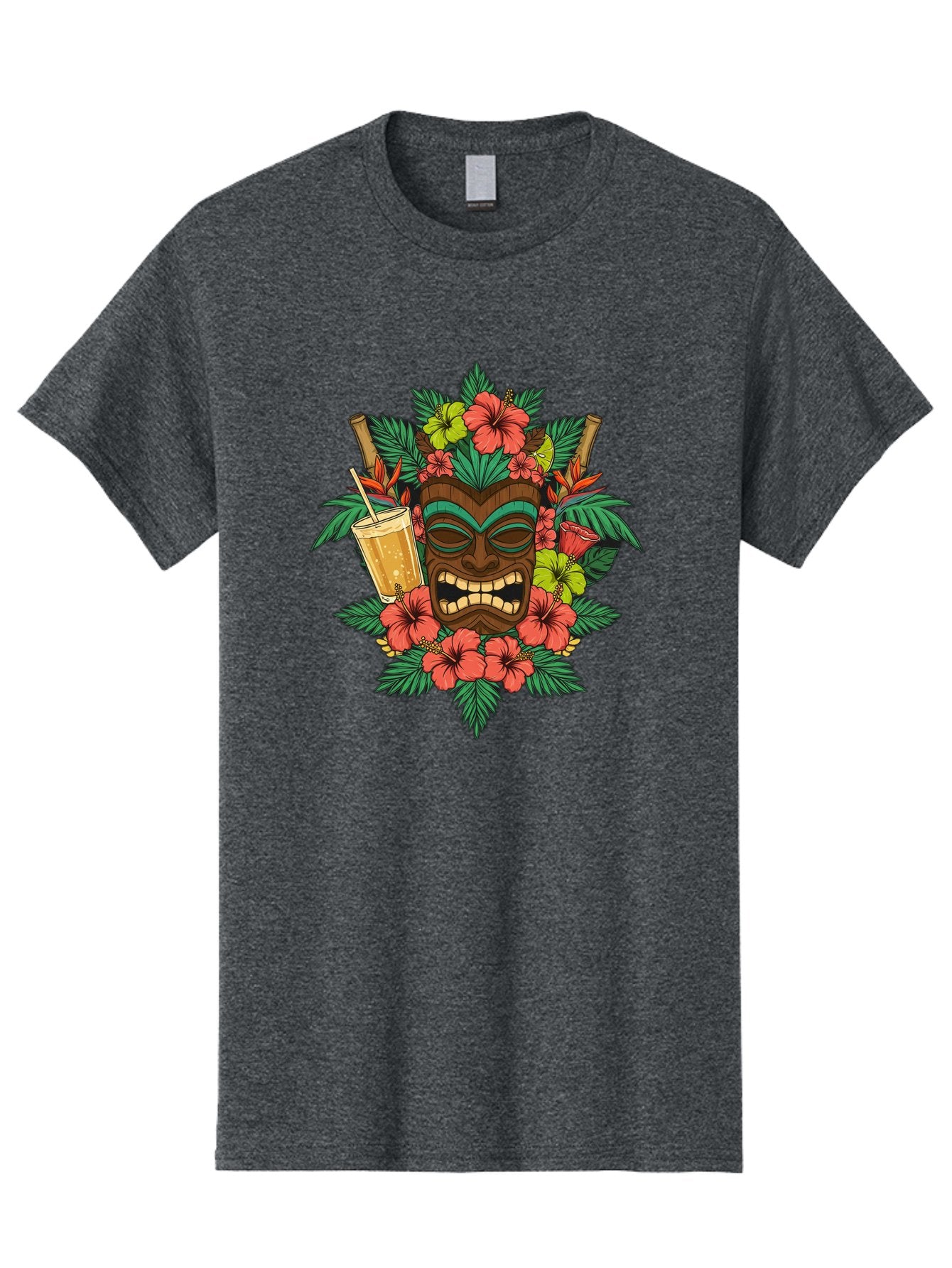 Tiki-Mask Men'S Graphic Tee, 100% Cotton, Comfortable Casual Summer Wear, Machine Washable, Tiki Mask Design, Tropical Flowers, Hibiscus, Cocktail, Straw, Bamboo, Vibrant Colors, Summer Vibes, Hawaiian Style, Tropical Getaway, Island Life, Bac521 14