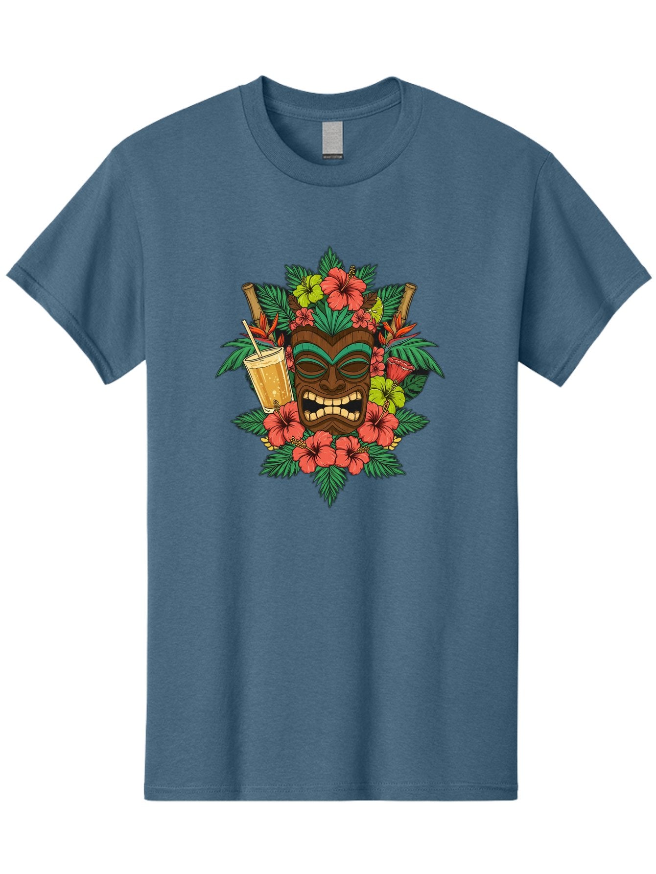 Tiki-Mask Men'S Graphic Tee, 100% Cotton, Comfortable Casual Summer Wear, Machine Washable, Tiki Mask Design, Tropical Flowers, Hibiscus, Cocktail, Straw, Bamboo, Vibrant Colors, Summer Vibes, Hawaiian Style, Tropical Getaway, Island Life, Bac521 7