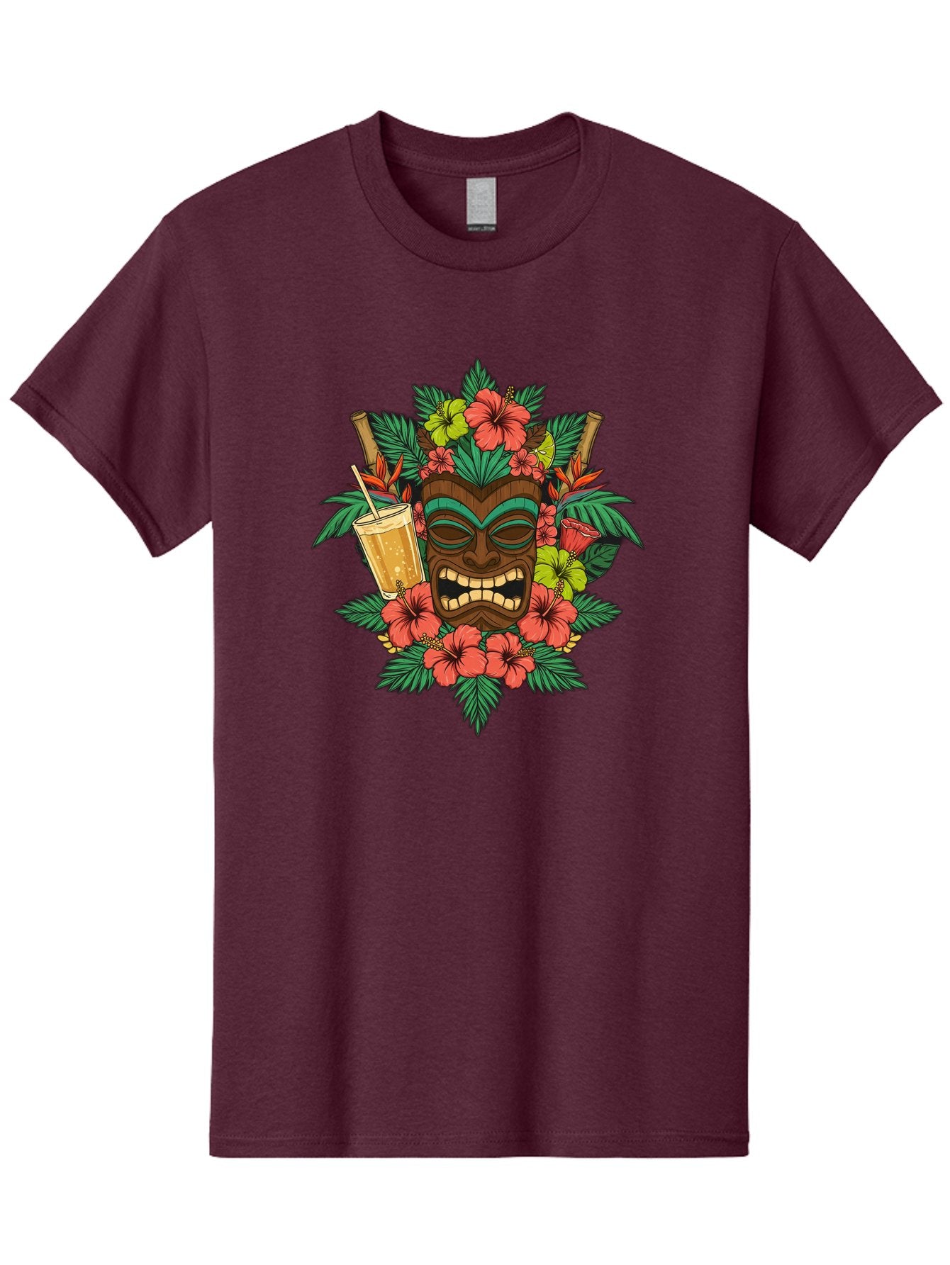Tiki-Mask Men'S Graphic Tee, 100% Cotton, Comfortable Casual Summer Wear, Machine Washable, Tiki Mask Design, Tropical Flowers, Hibiscus, Cocktail, Straw, Bamboo, Vibrant Colors, Summer Vibes, Hawaiian Style, Tropical Getaway, Island Life, Bac521 11