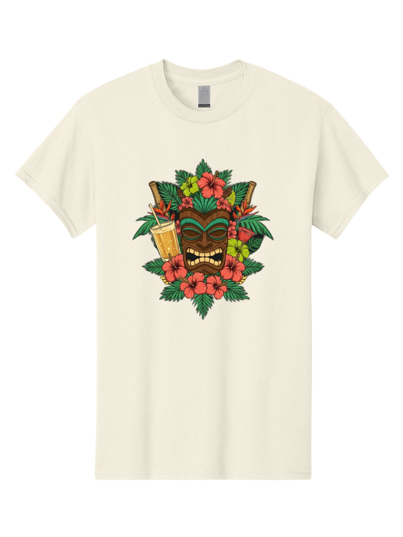 Tiki-Mask Men'S Graphic Tee, 100% Cotton, Comfortable Casual Summer Wear, Machine Washable, Tiki Mask Design, Tropical Flowers, Hibiscus, Cocktail, Straw, Bamboo, Vibrant Colors, Summer Vibes, Hawaiian Style, Tropical Getaway, Island Life, Bac521 6
