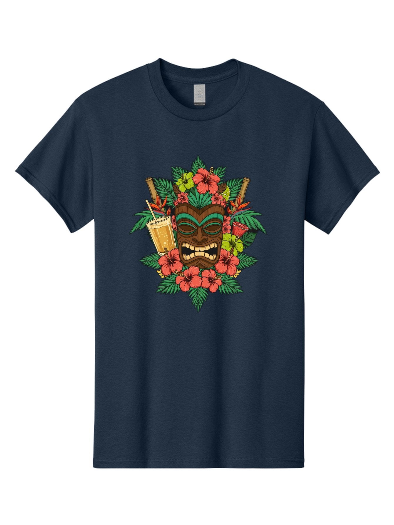 Tiki-Mask Men'S Graphic Tee, 100% Cotton, Comfortable Casual Summer Wear, Machine Washable, Tiki Mask Design, Tropical Flowers, Hibiscus, Cocktail, Straw, Bamboo, Vibrant Colors, Summer Vibes, Hawaiian Style, Tropical Getaway, Island Life, Bac521 4