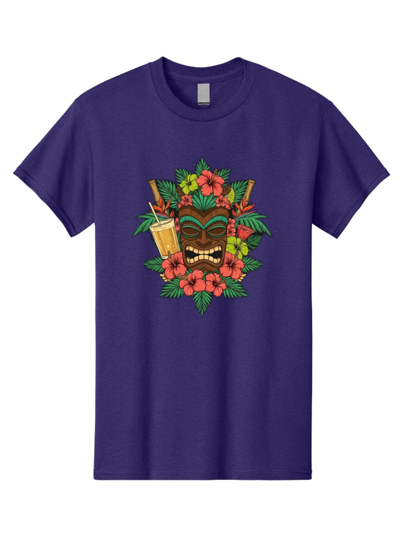 Tiki-Mask Men'S Graphic Tee, 100% Cotton, Comfortable Casual Summer Wear, Machine Washable, Tiki Mask Design, Tropical Flowers, Hibiscus, Cocktail, Straw, Bamboo, Vibrant Colors, Summer Vibes, Hawaiian Style, Tropical Getaway, Island Life, Bac521 15